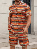 Bohemian Striped Stand Collar Short Sleeve Shirt And Shorts Set