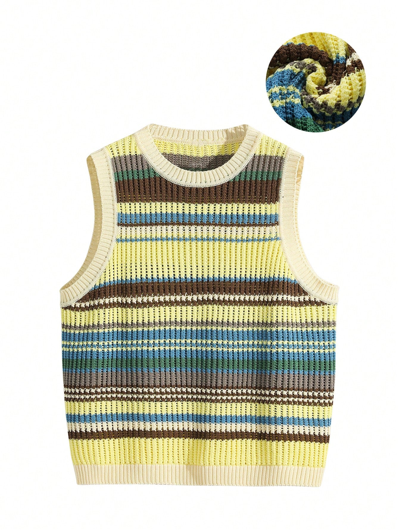 American Style Color Block Stripe Hollow Knitted Sleeveless Sweater Vest Top, Summer Casual