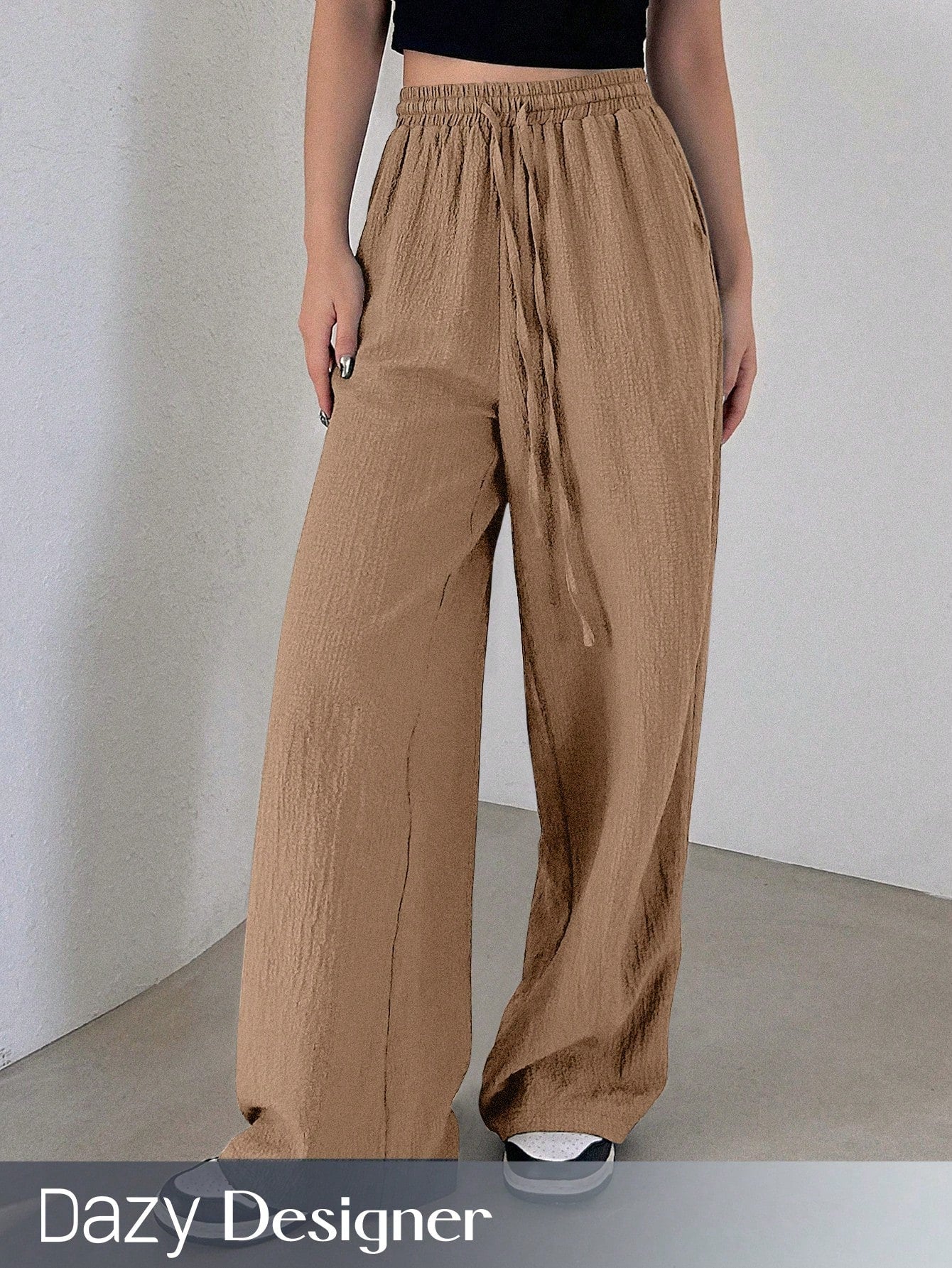 Designer Solid Color Elastic Waist Loose Fit Long Women Casual Pants With Drawstring