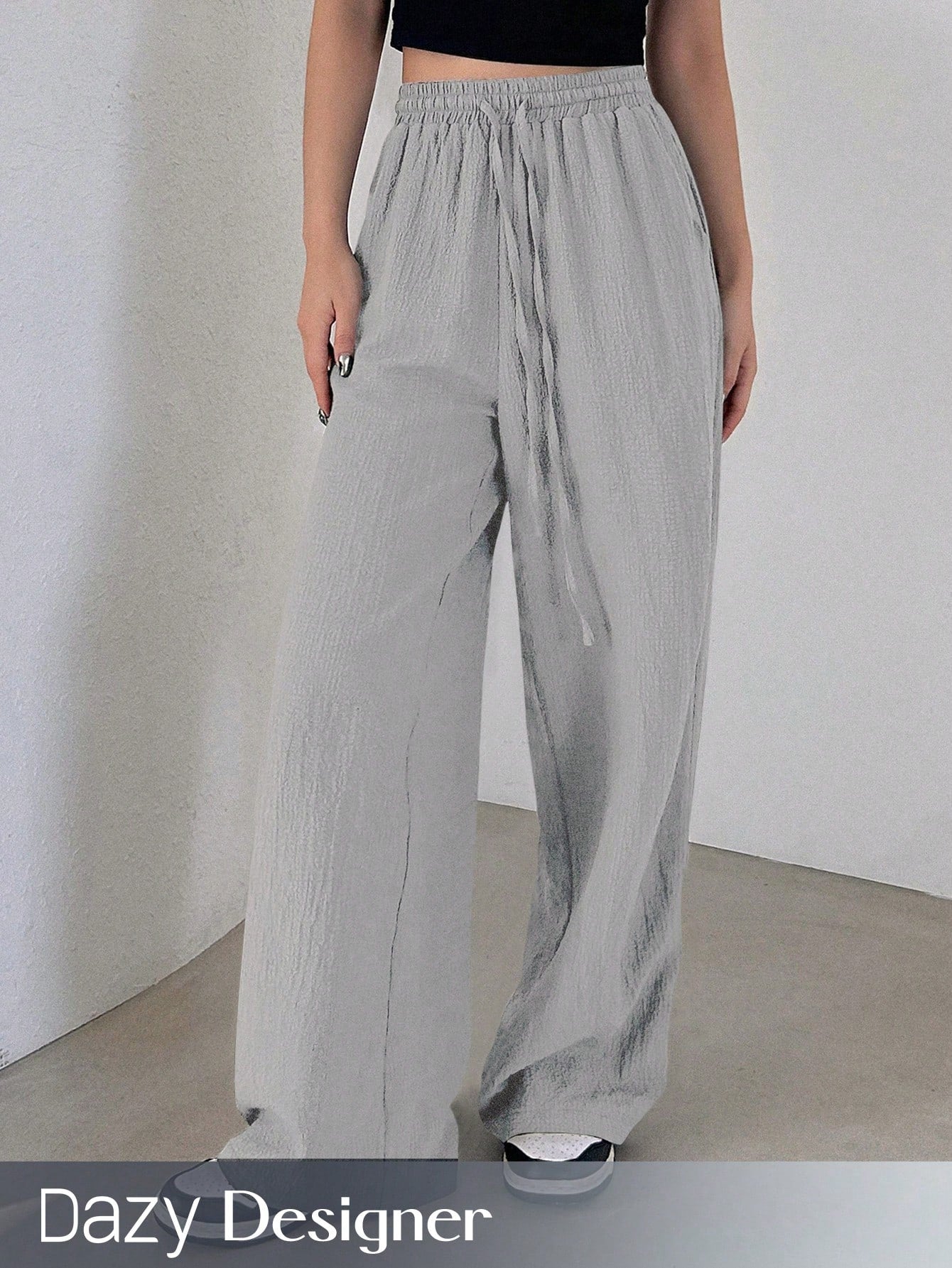 Designer Solid Color Elastic Waist Loose Fit Long Women Casual Pants With Drawstring