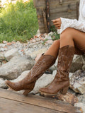 New Women's Western Cowboy Boots Pointed Toe Embroidered Thick Heel Mid-Calf Fashion Boots, Cowgirl Boots