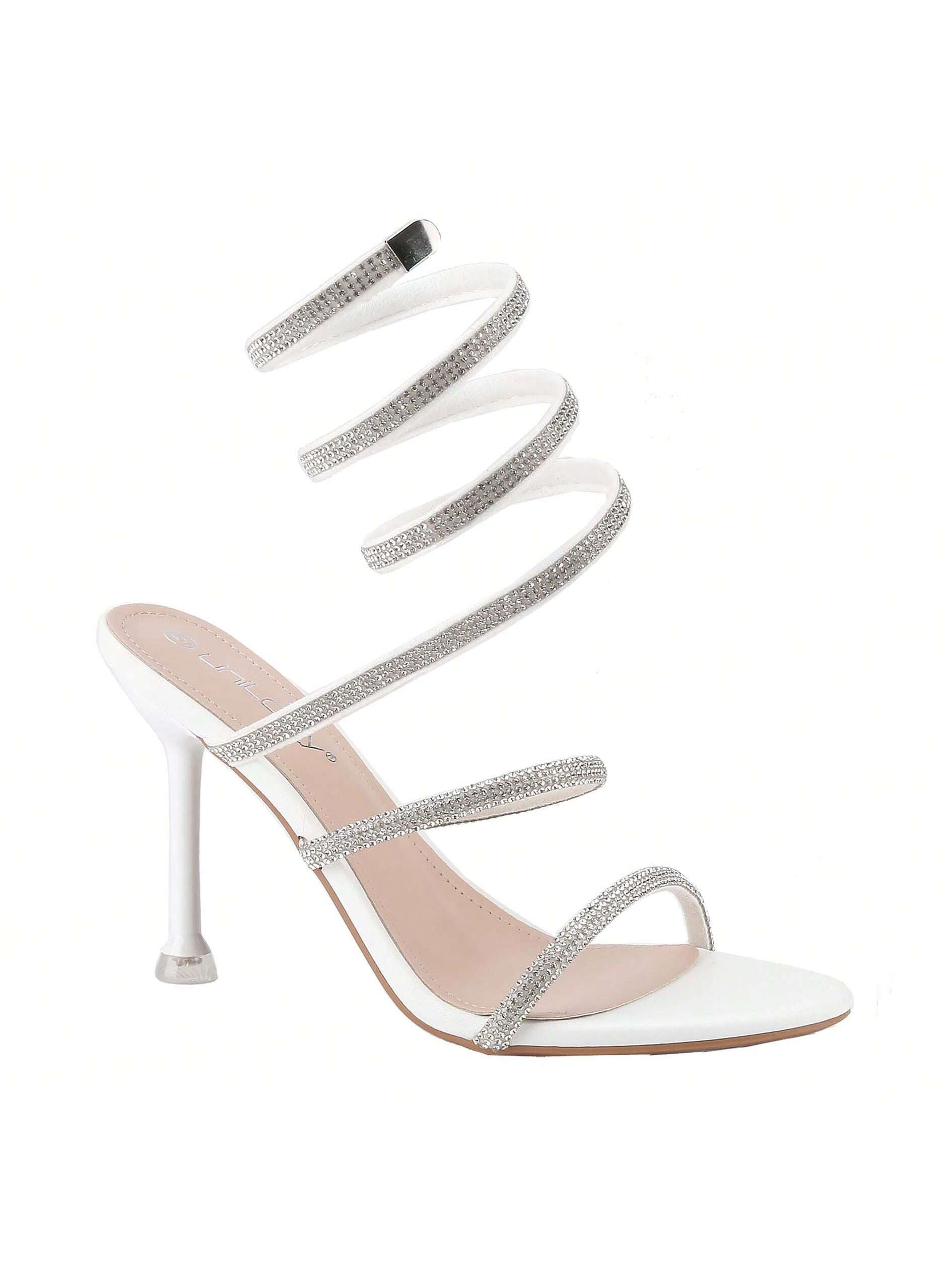 BELOVELY[FAIRY-1]Women Rhinestone Spiral Ankle Wrap Strap High Heels Sandals