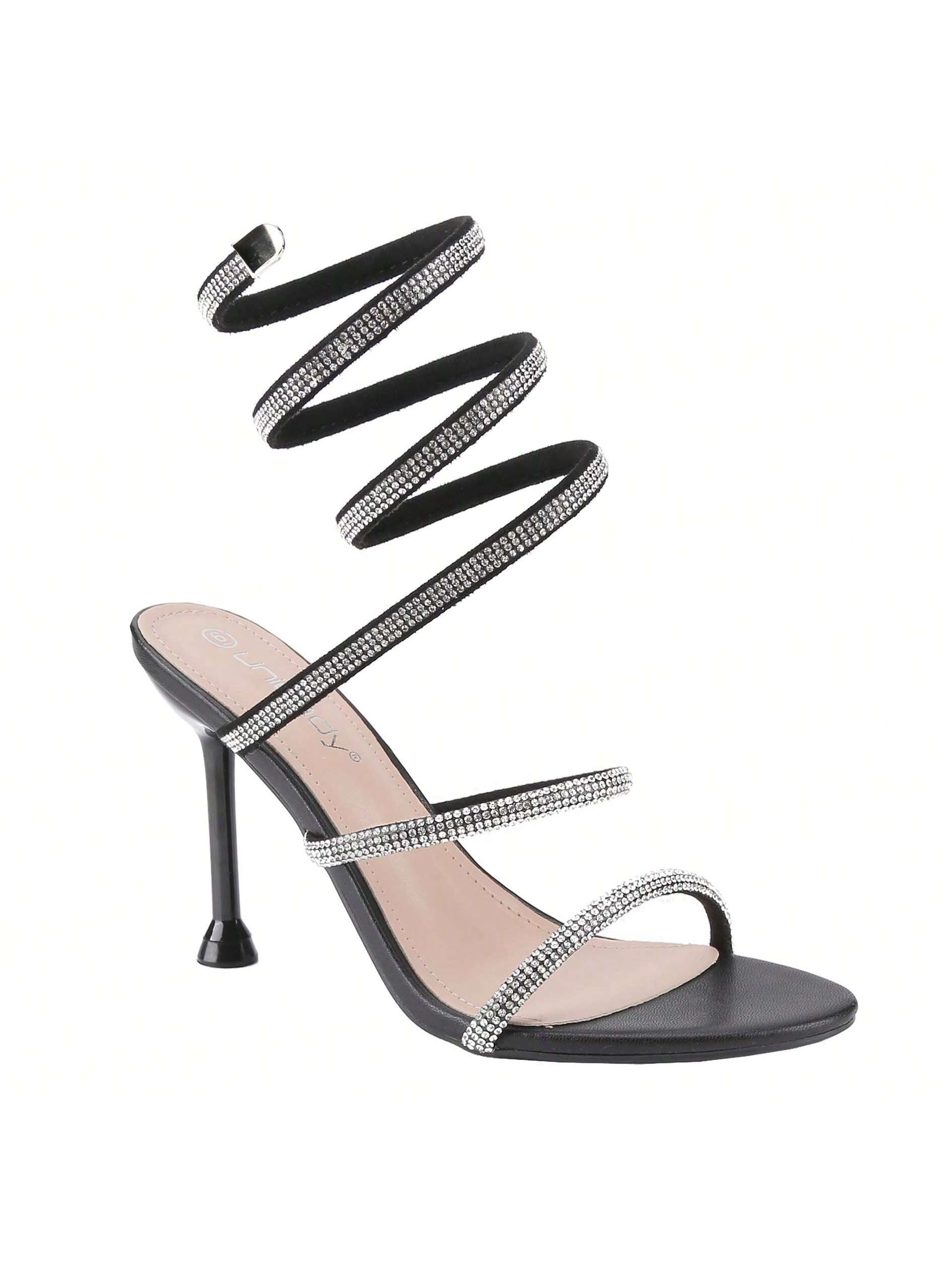 BELOVELY[FAIRY-1]Women Rhinestone Spiral Ankle Wrap Strap High Heels Sandals