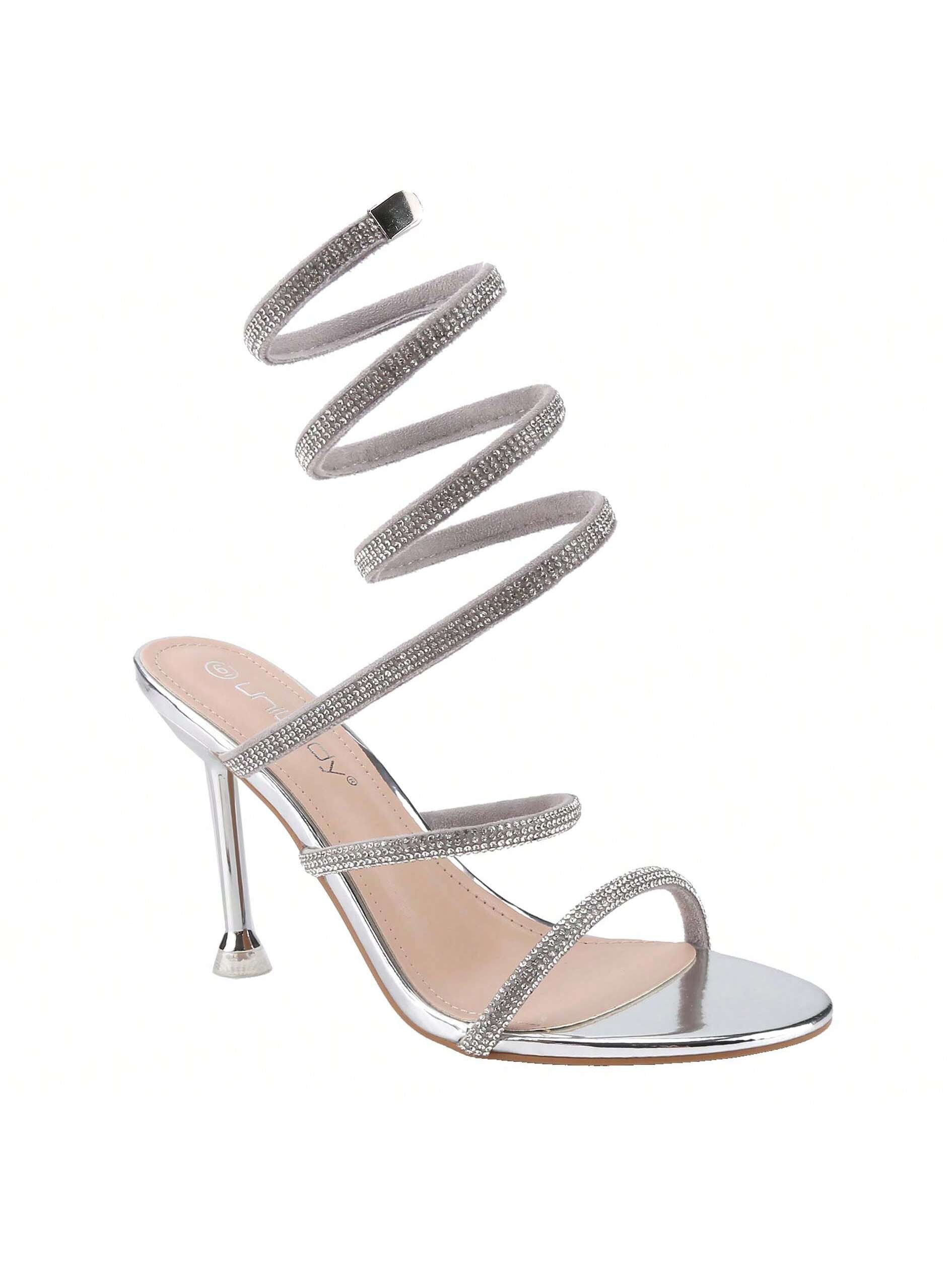 BELOVELY[FAIRY-1]Women Rhinestone Spiral Ankle Wrap Strap High Heels Sandals
