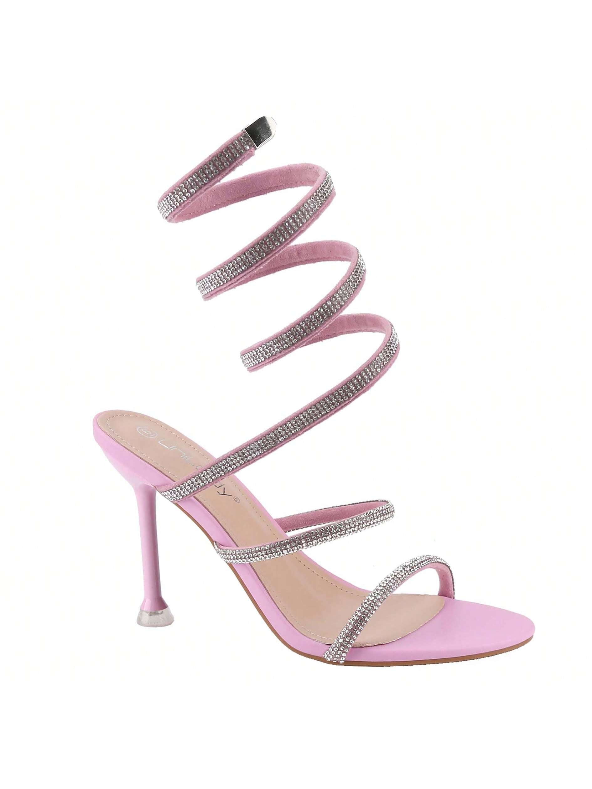 BELOVELY[FAIRY-1]Women Rhinestone Spiral Ankle Wrap Strap High Heels Sandals
