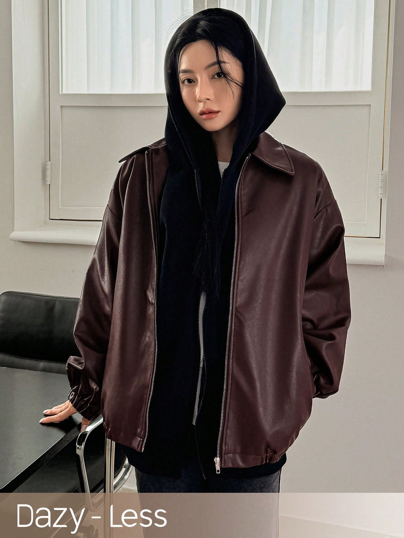 Dazy-Less Drop Shoulder Slant Pockets PU Jacket