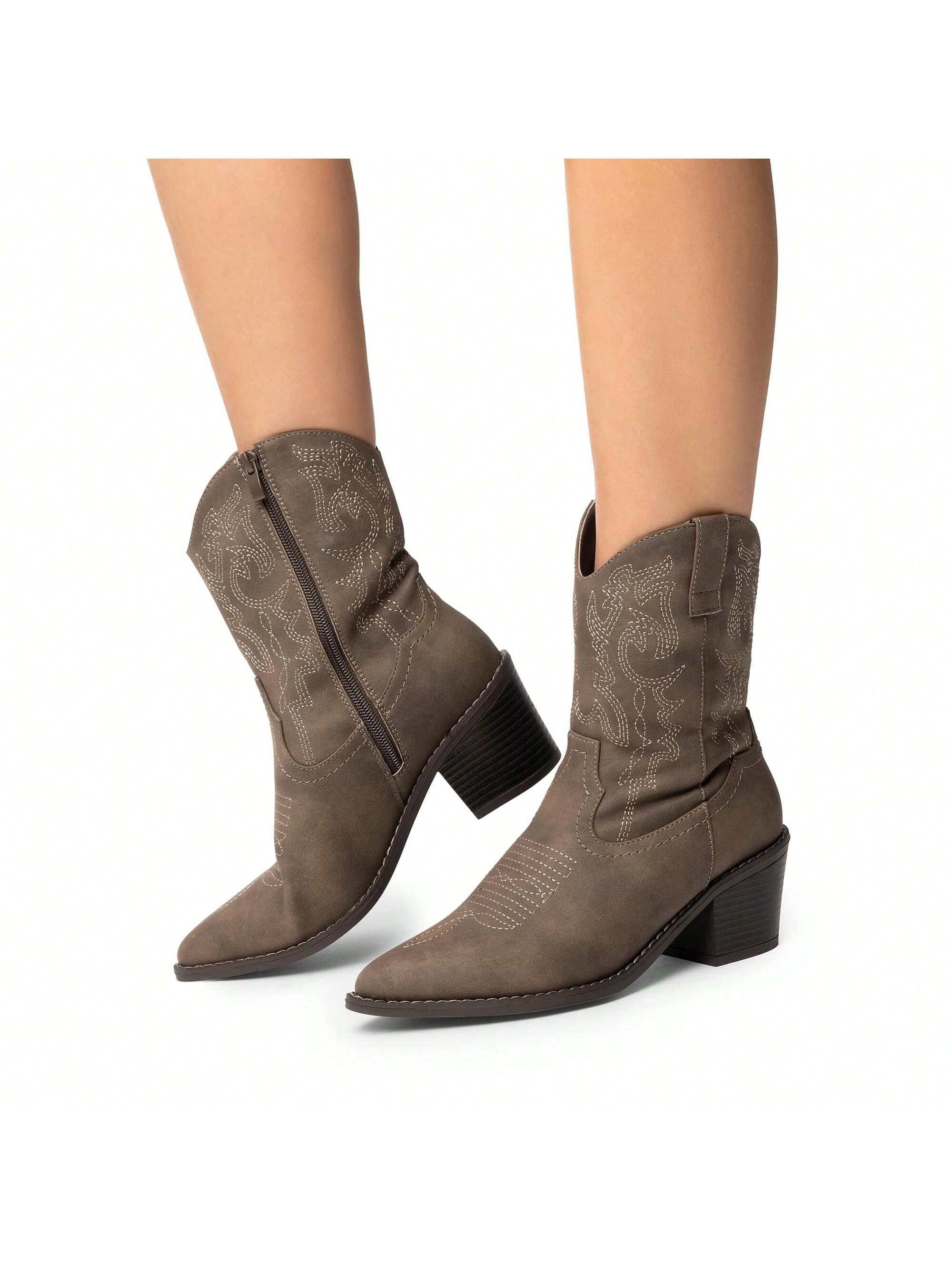 Cowboy Boots For Women, Pointed Toe Chunky Heel Cowgirl Boots, Zipper Pull-On Stitched Western Boots Ankle Boots For Ladies (White,Red,Black,Brown)