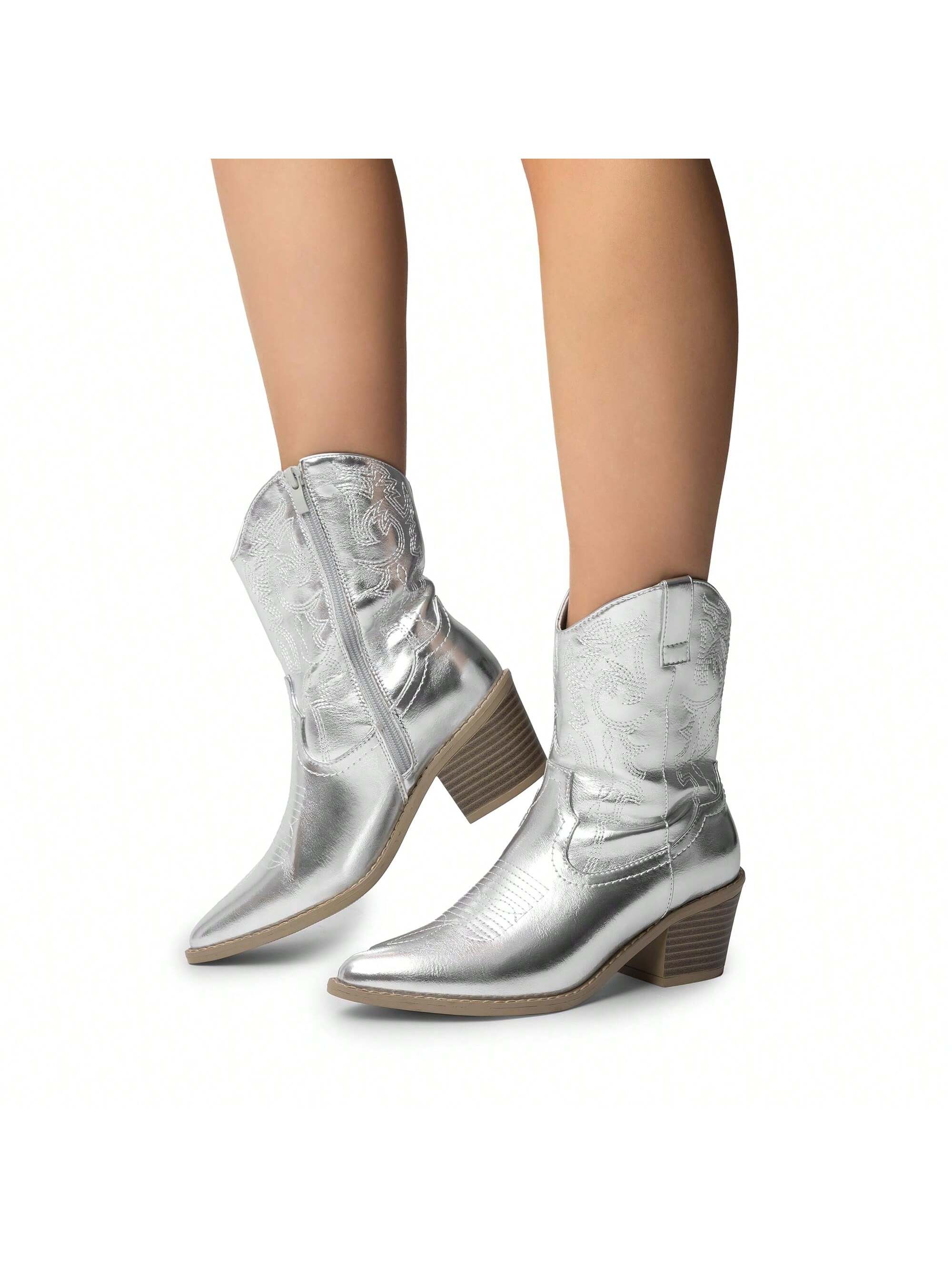 Cowboy Boots For Women, Pointed Toe Chunky Heel Cowgirl Boots, Zipper Pull-On Stitched Western Boots Ankle Boots For Ladies (White,Red,Black,Brown)