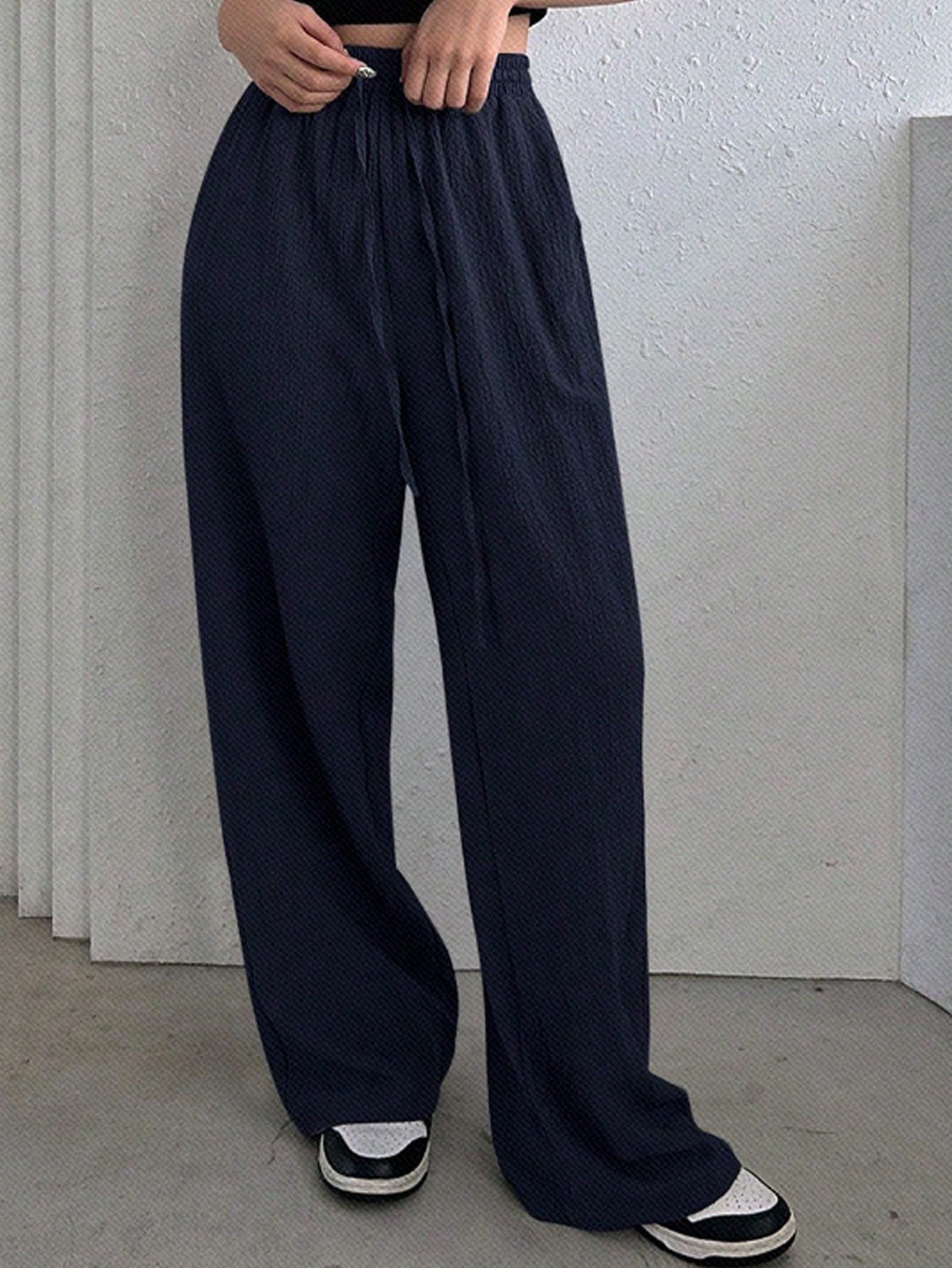Designer Solid Color Elastic Waist Loose Fit Long Women Casual Pants With Drawstring
