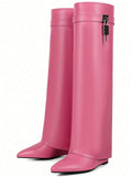 Sexy Fashion Women Fold Over Boots Pointed Toe Chunky Heels Metal Knee High Boots Nightclub Elegant Luxury Shoes