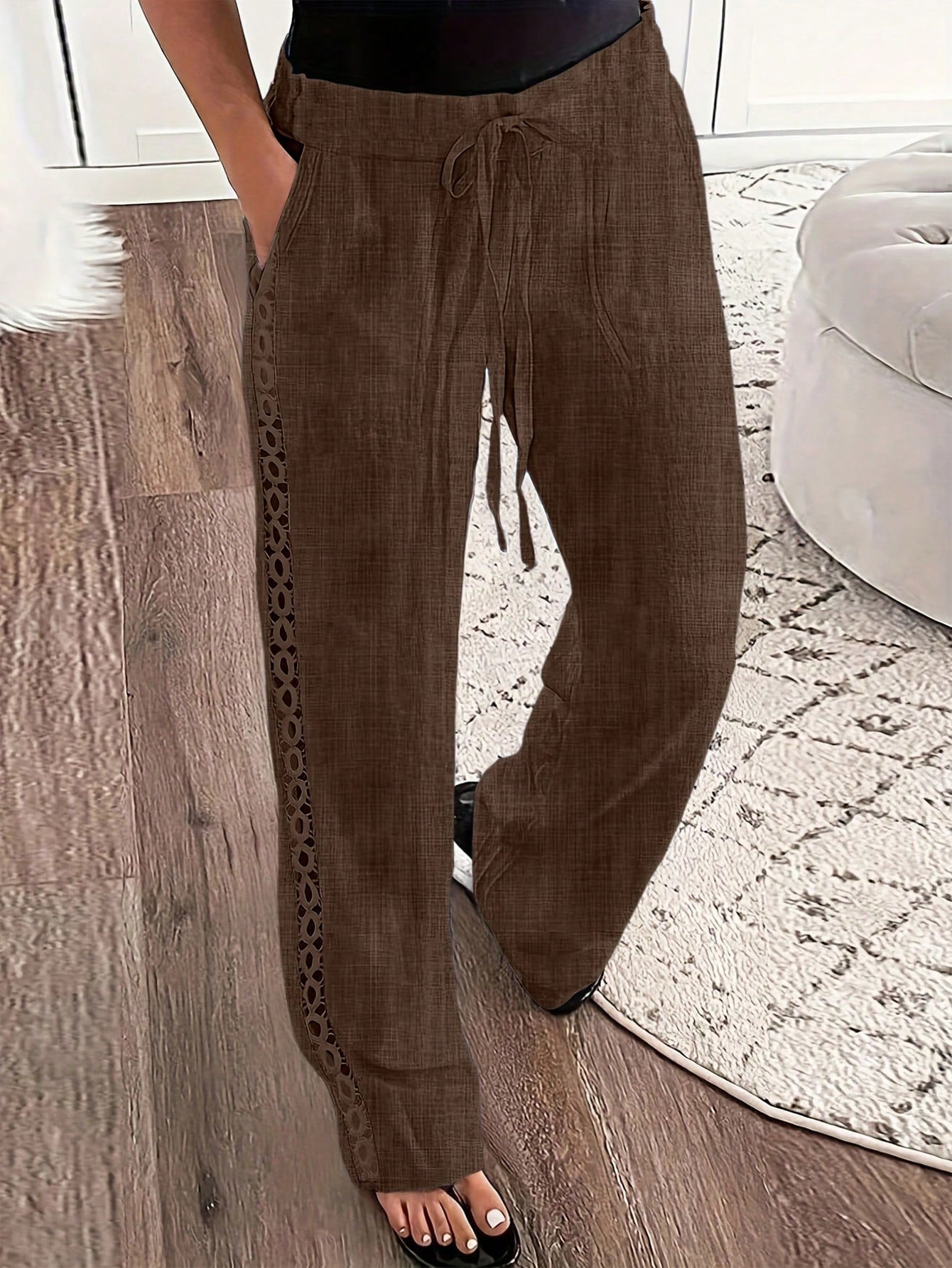 Women's Casual Side Lace Solid Denim Effect Long Pants