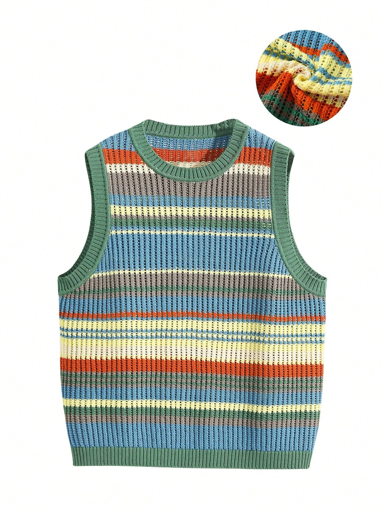 American-Style Colorblock Stripe Knitted Hollow-Out Sleeveless Sweater Vest, Summer Casual Fashion Top