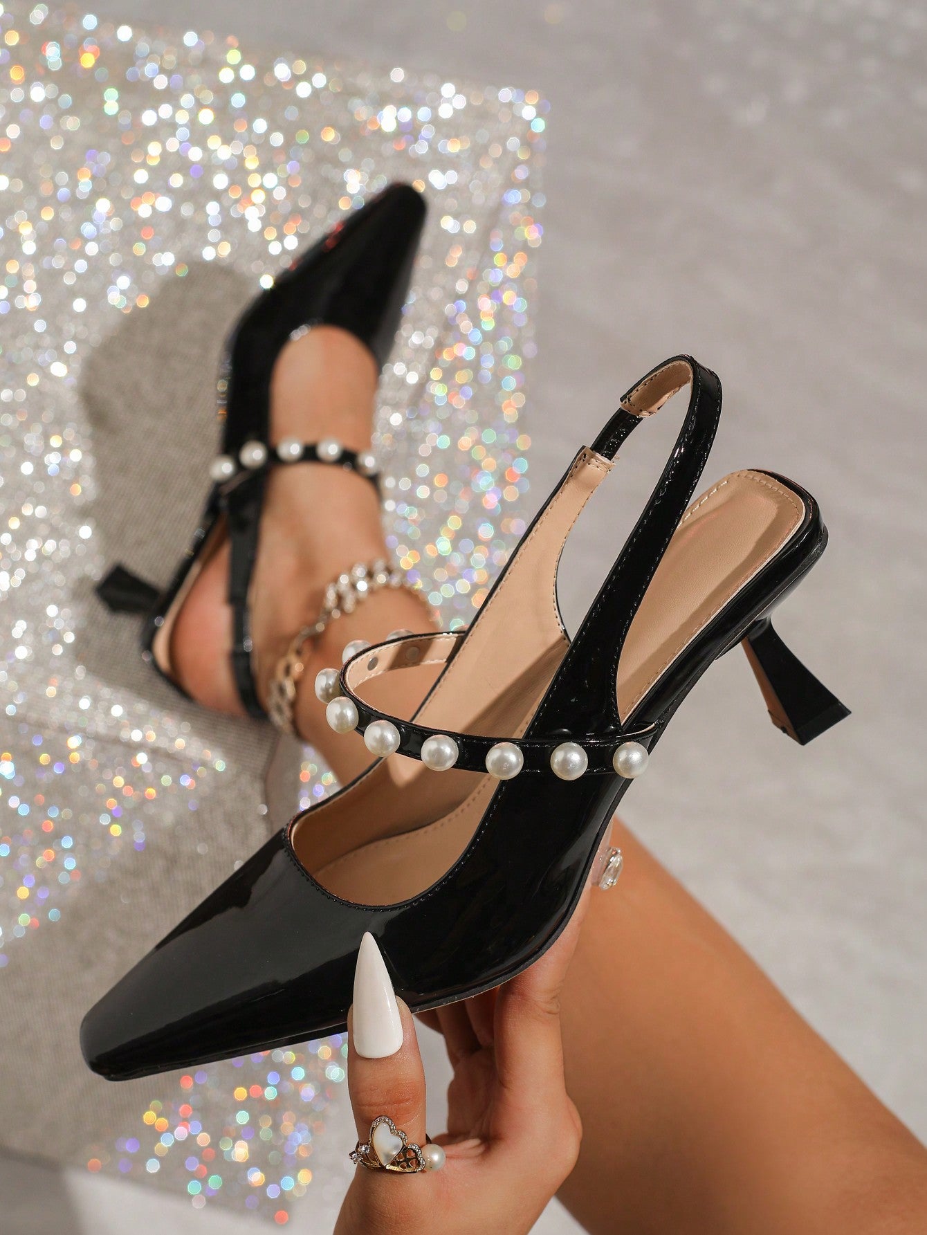 6cm Orange Patent Leather Peep-Toe High Heels With Pearl Decor, Fashionable Ladies Sandals