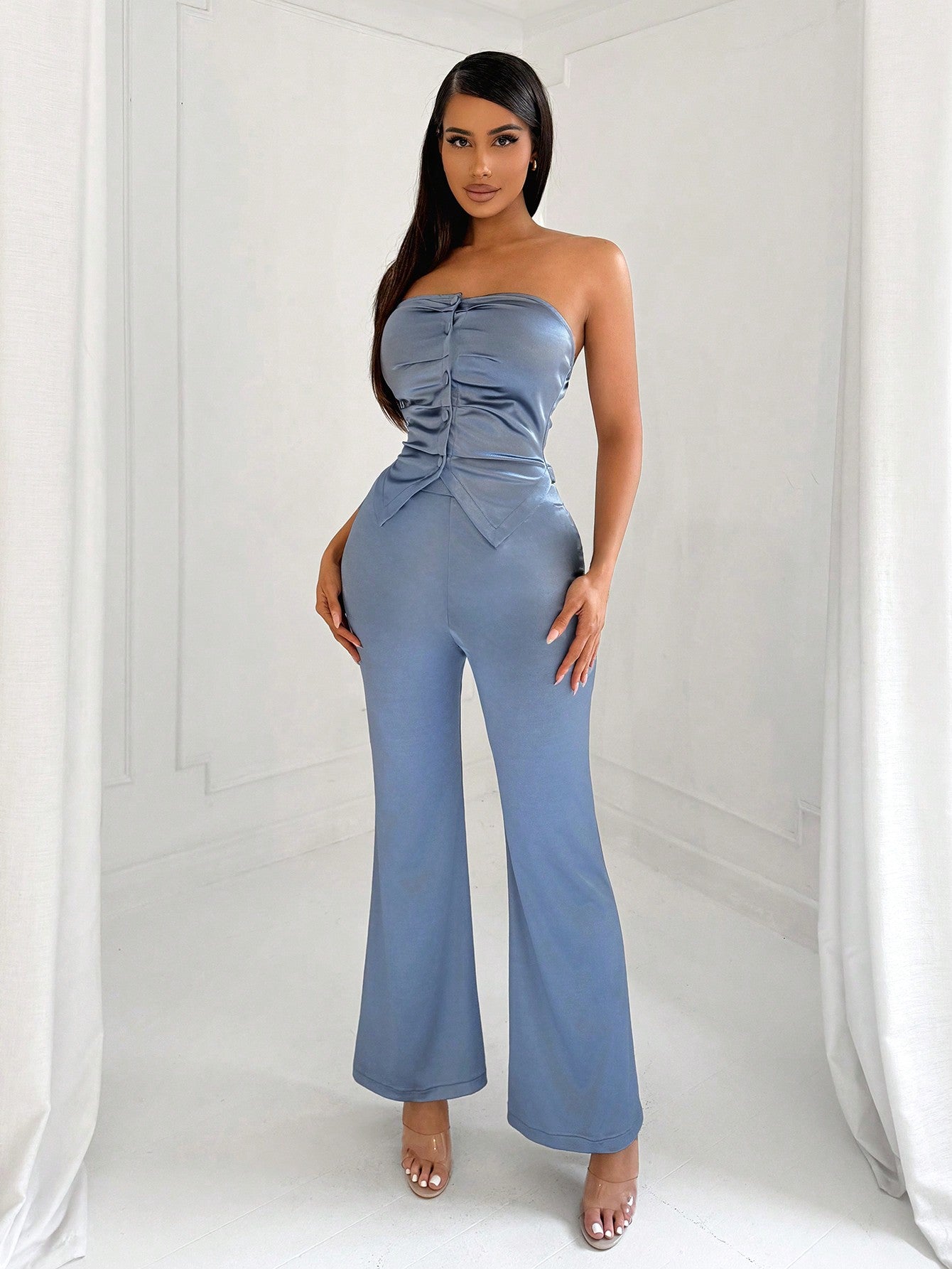 Commute Minimalist Office Simple Satin Sexy Elegant Party Top & Long Pants Set