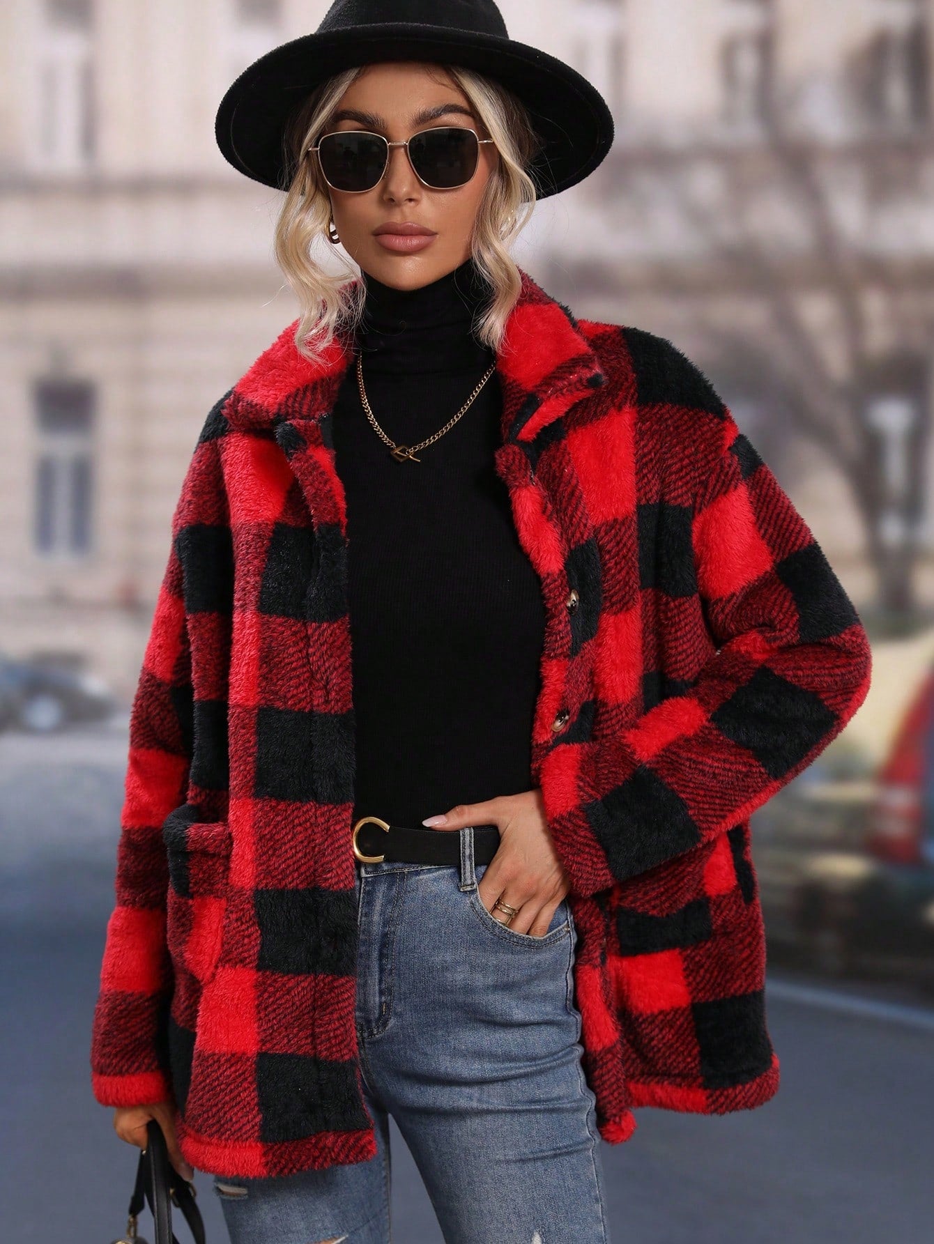 Buffalo Plaid Pattern Dual Pocket Drop Shoulder Flannel Coat