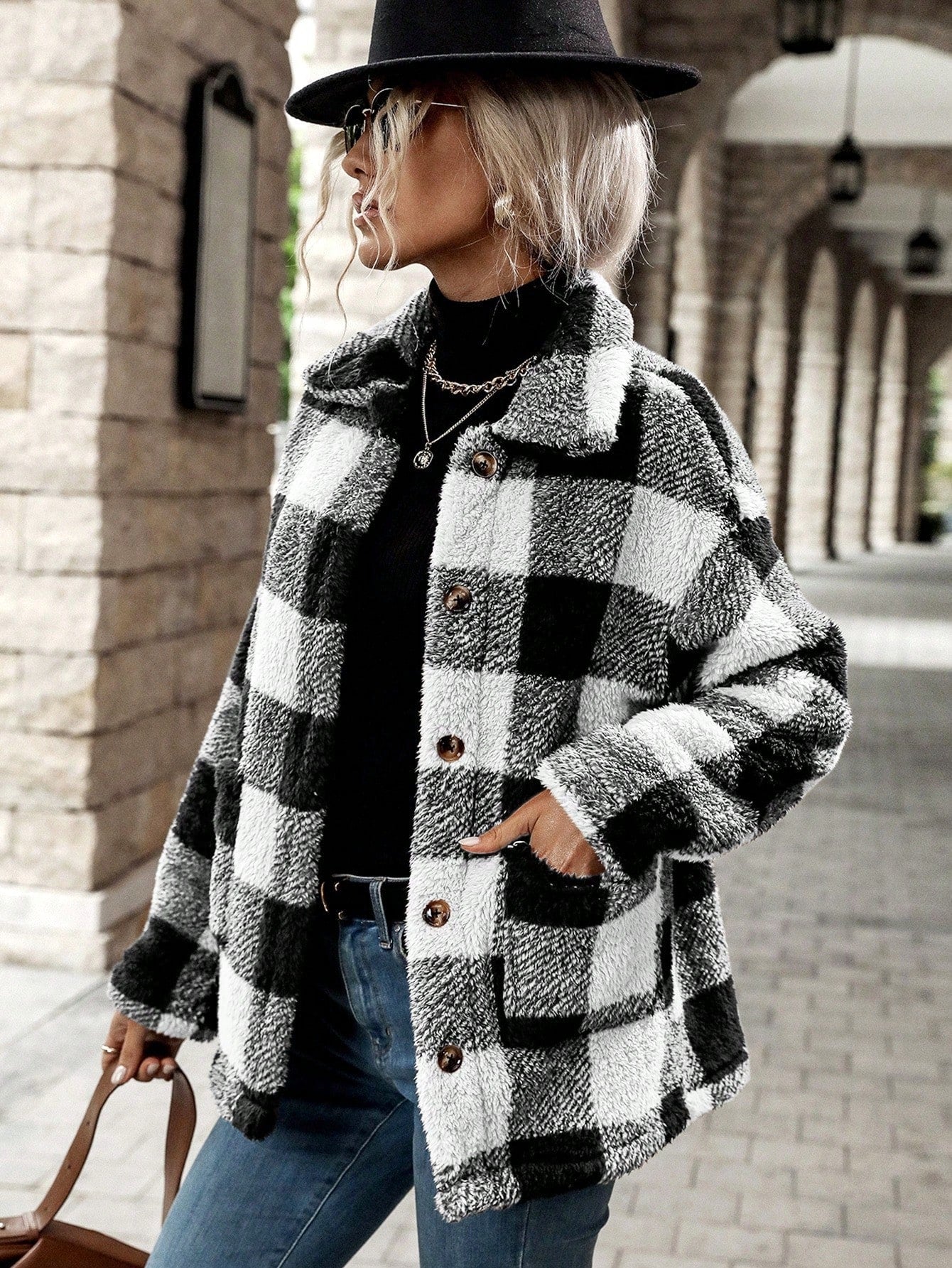 Buffalo Plaid Pattern Dual Pocket Drop Shoulder Flannel Coat
