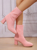 Square Toe Women's Thick Heel  Boots New Pink Boots High Heel Western Style Women Knitting Short Boots Square Toe Lady Knitting Fashion Boots Autumn Winter