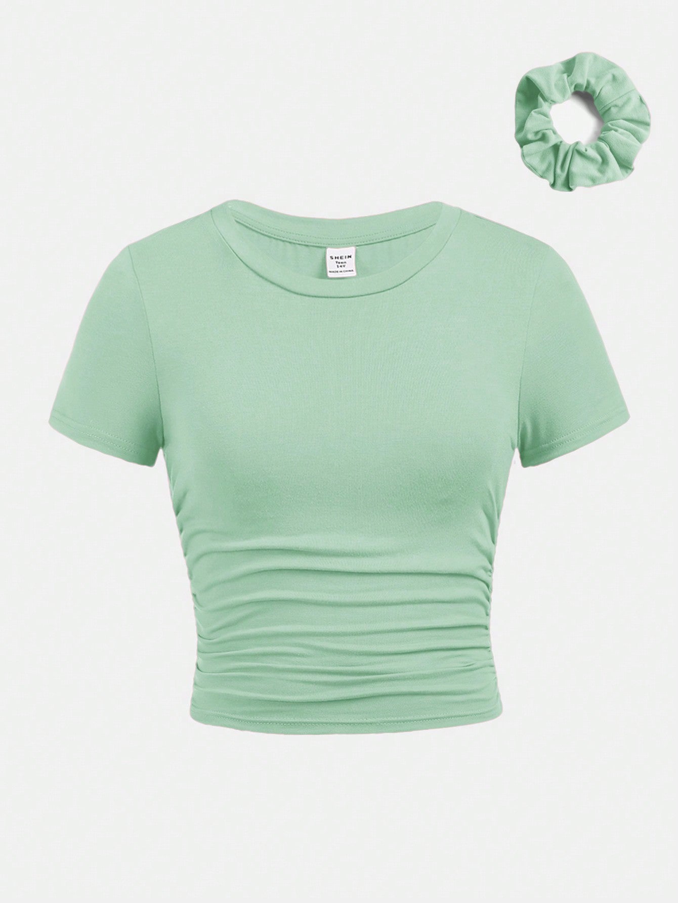 Tween Girls' Slim Fit Casual Short Sleeve T-Shirt With Side Pleats And Hair Tie, Round Neck
