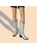 CIERWS Women's Embroidered Western Silver Cowgirl Boots Cowboy Boots Mid Calf Boots Metal PU Medium Heel Fashion Retro Classic Middle Boots