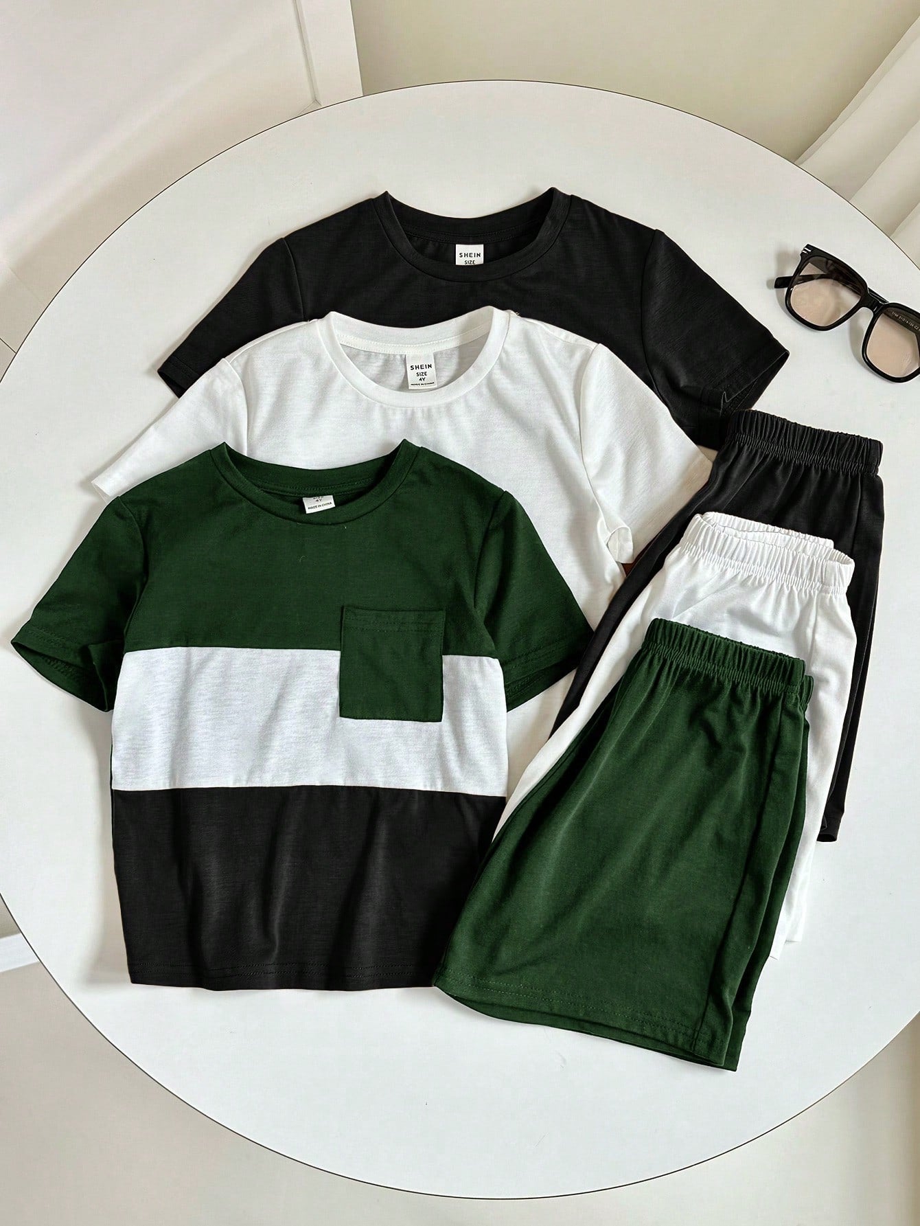 6pcs Young Boys' Casual College Style Colorblock Round Neck Short Sleeve T-Shirt And Solid Color Elastic Waist Shorts/Long Pants, Comfortable And Versatile Outfits For Outdoor And Home Wear