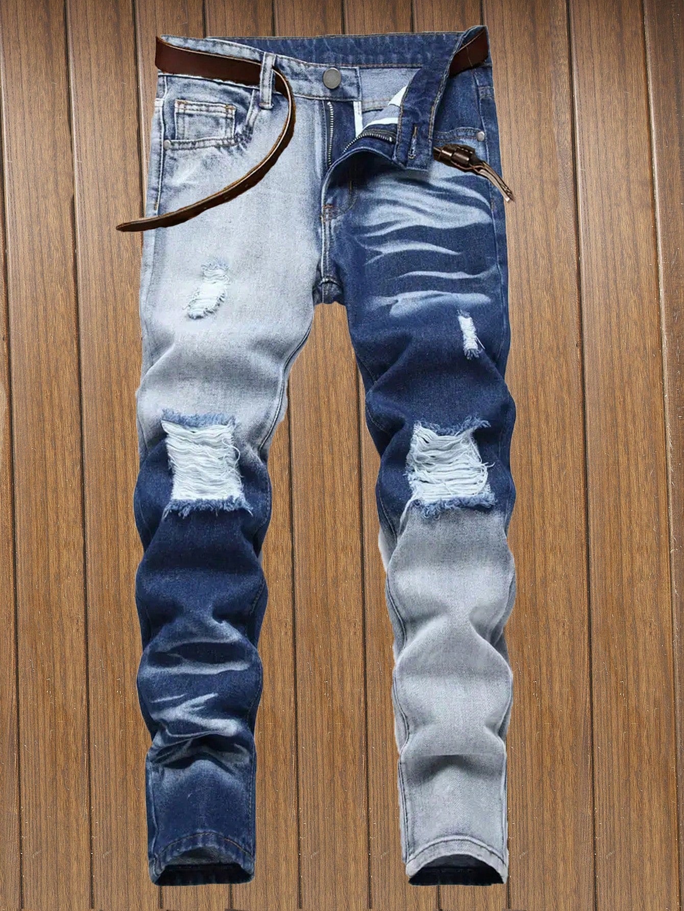 Teen Boys' Color Block Vintage Ripped Distressed Jeans With Pockets, Casual
