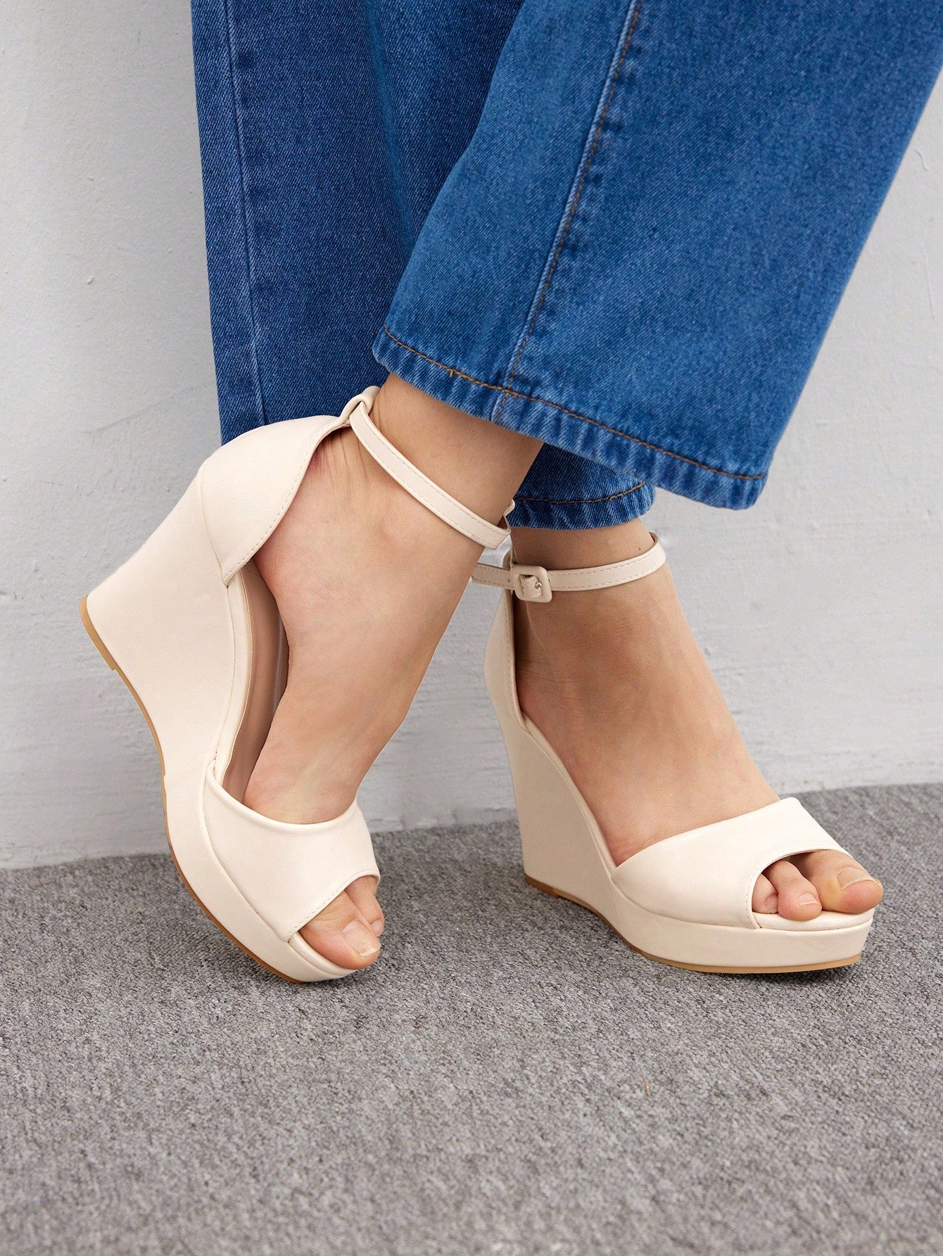 Fashionable Women's Apricot Peep Toe Wedge Sandals With Ankle Strap For Office, Date, Party And Vacation Elegant Business Casual Business Chic