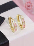1 Pair 925 Silver Hypoallergenic Square Zirconia Encrusted Pink And White Hoop Earrings, Gift Box With Greeting Card - Gift For Kids, Young Girls, Friends' Birthday