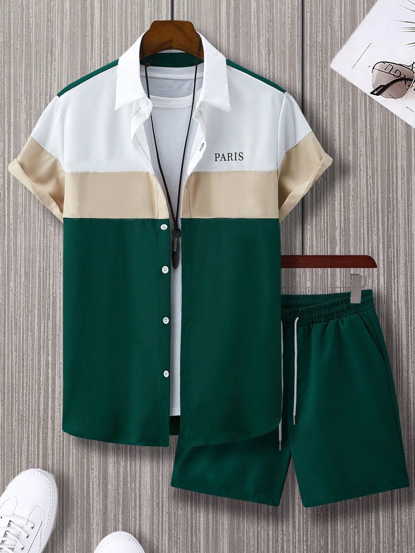 Plus Size Men's Color Block Letter Printed Short Sleeve Shirt And Drawstring Waist Shorts Casual Set, Summer