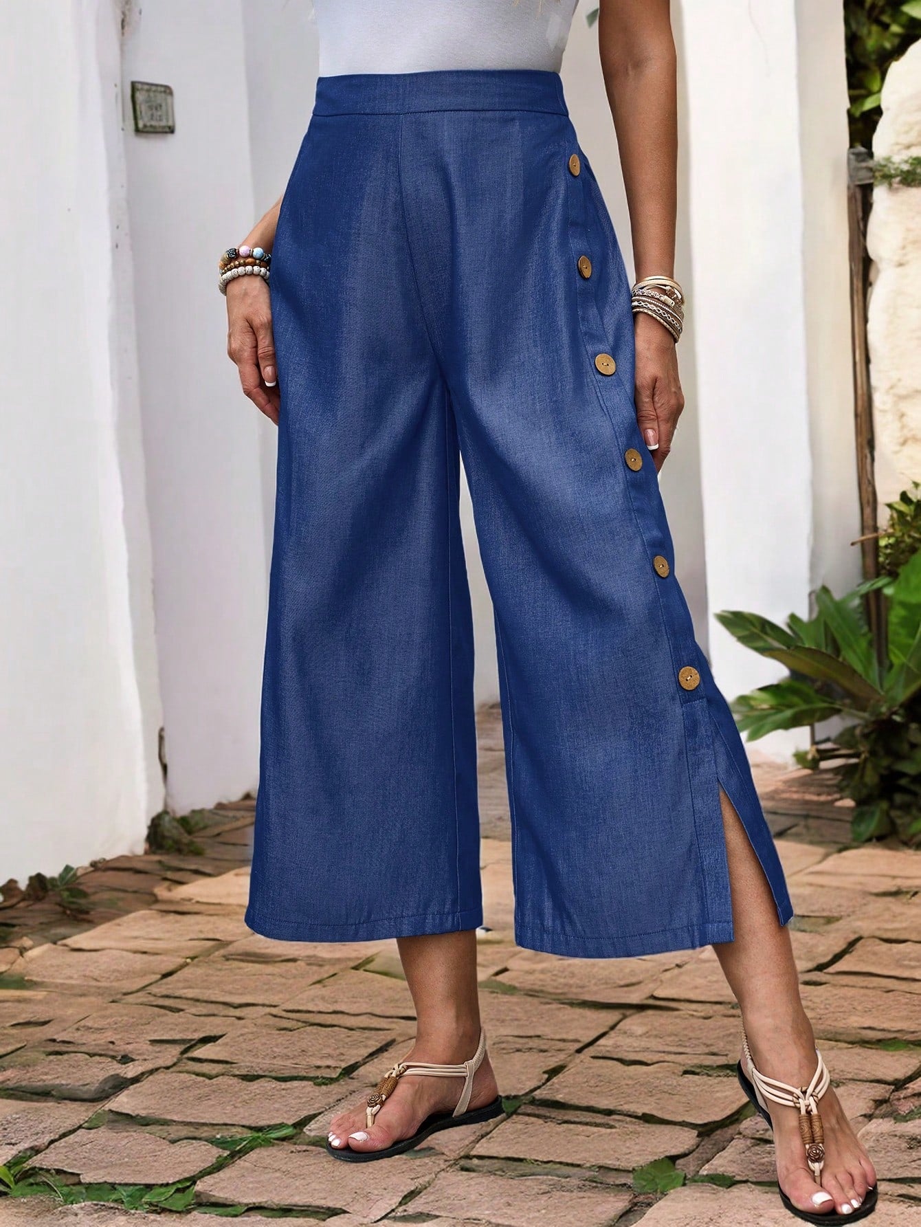 Button Detail Split Hem Wide Leg Pants