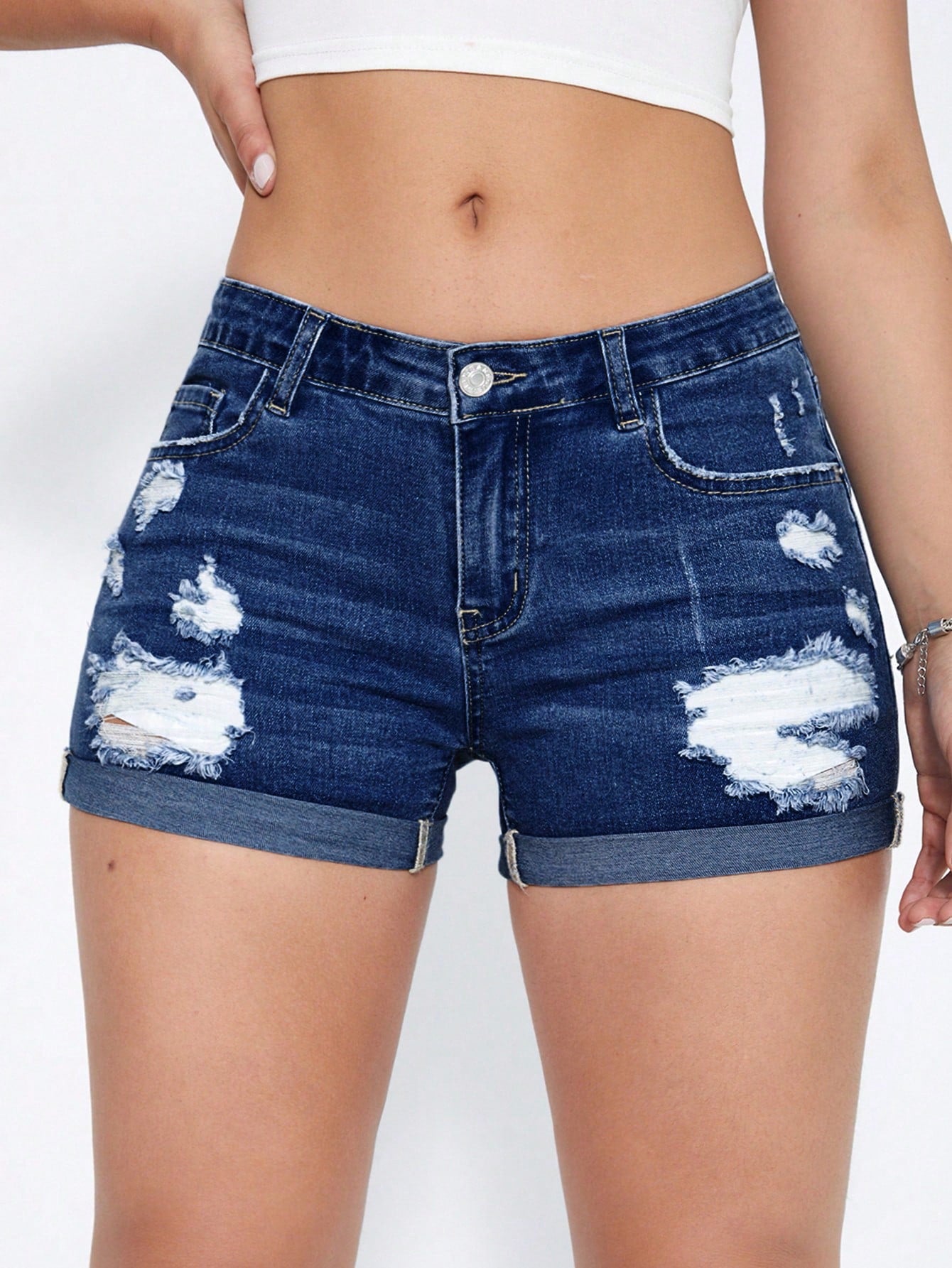 Ripped Roll Up Hem Denim Shorts