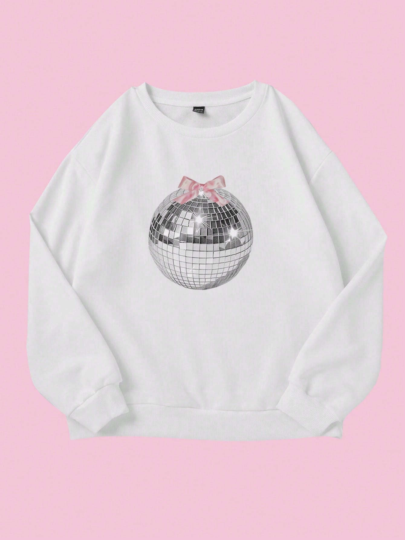 Casual And Simple Ladies' Pink Flower Printed White Round Neck Loose Long Sleeve Sweatshirt, Suitable For Autumn And Winter