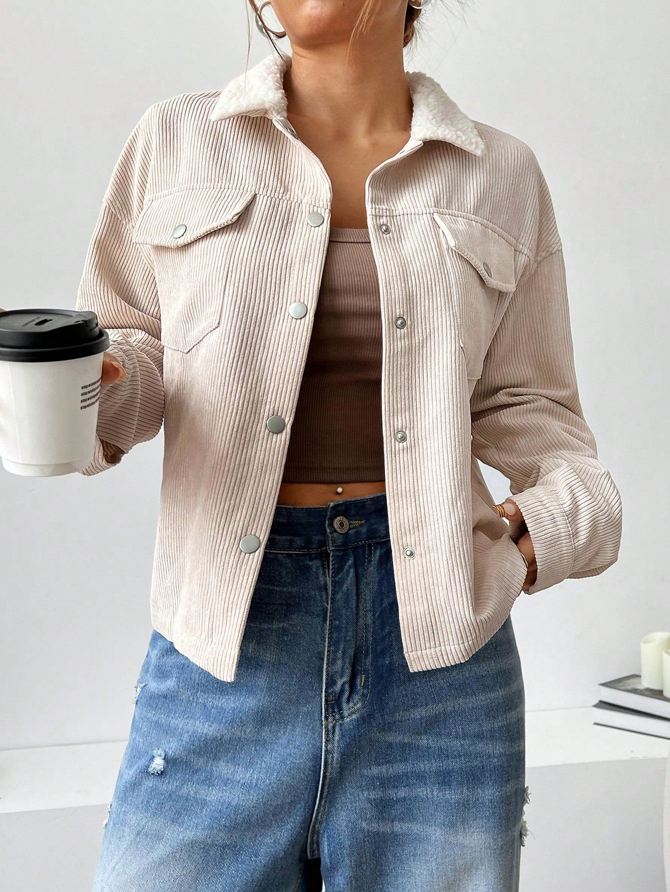 Apricot Flap Pocket Button Front Corduroy Jacket
