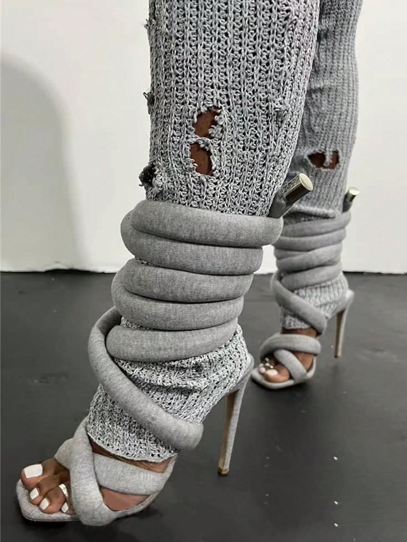 Strappy High Heels Gladiator Sandals With Grey Jersey Knit Fallopian Cloth Rope Lace Up Sexy Open Toe Square Stilettos Tie Up Heeled Sandals For Women
