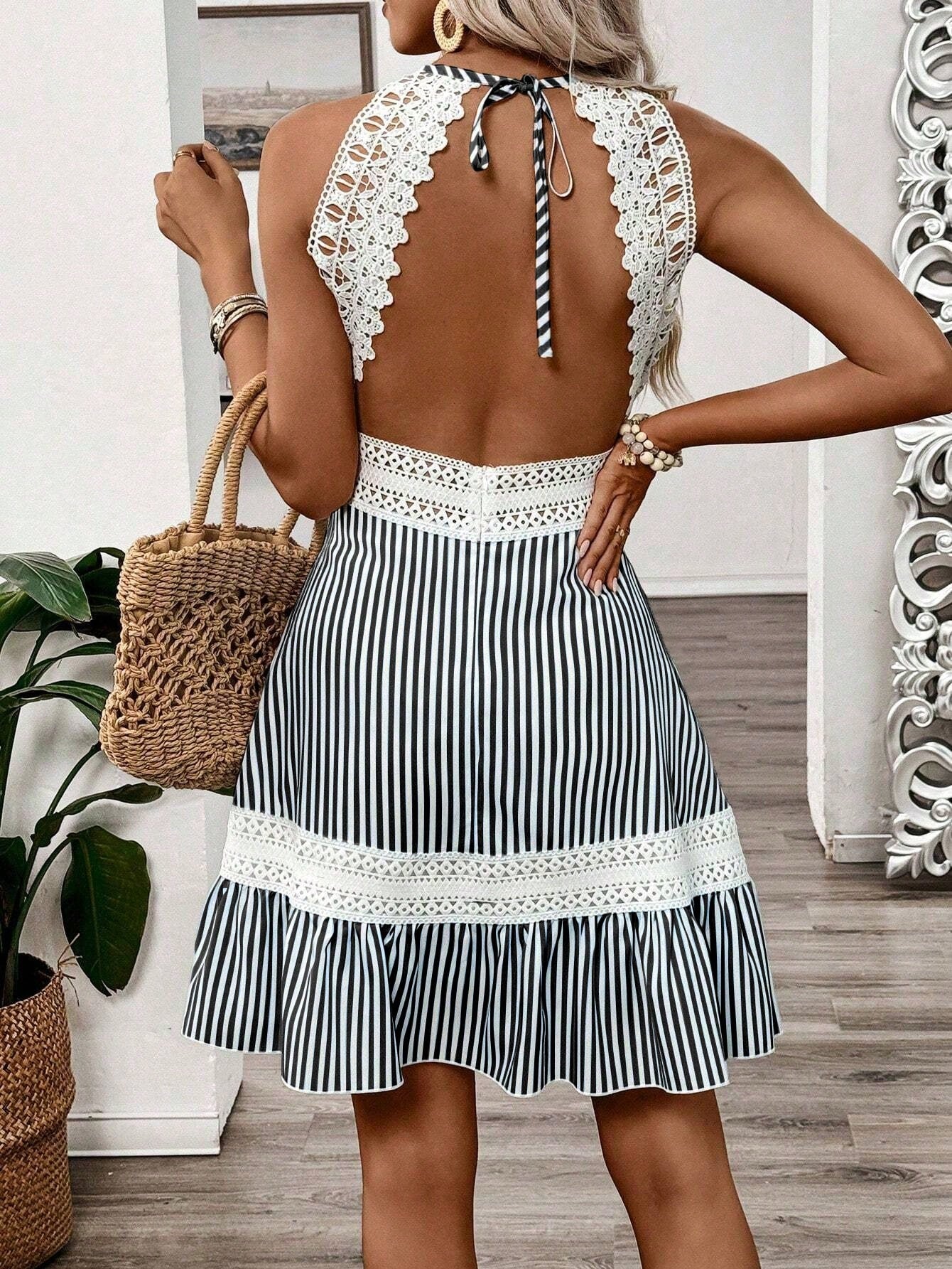 Women's Patchwork Lace Back Hollow Knotted Dress