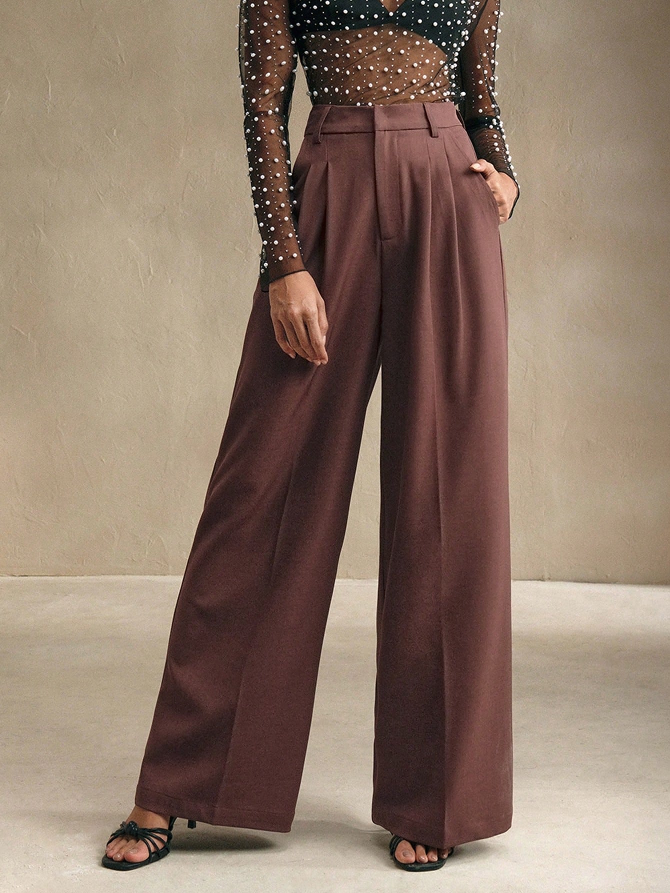 Anewsta Fashionable Simple Pleated Casual Wide Leg Suit Pants