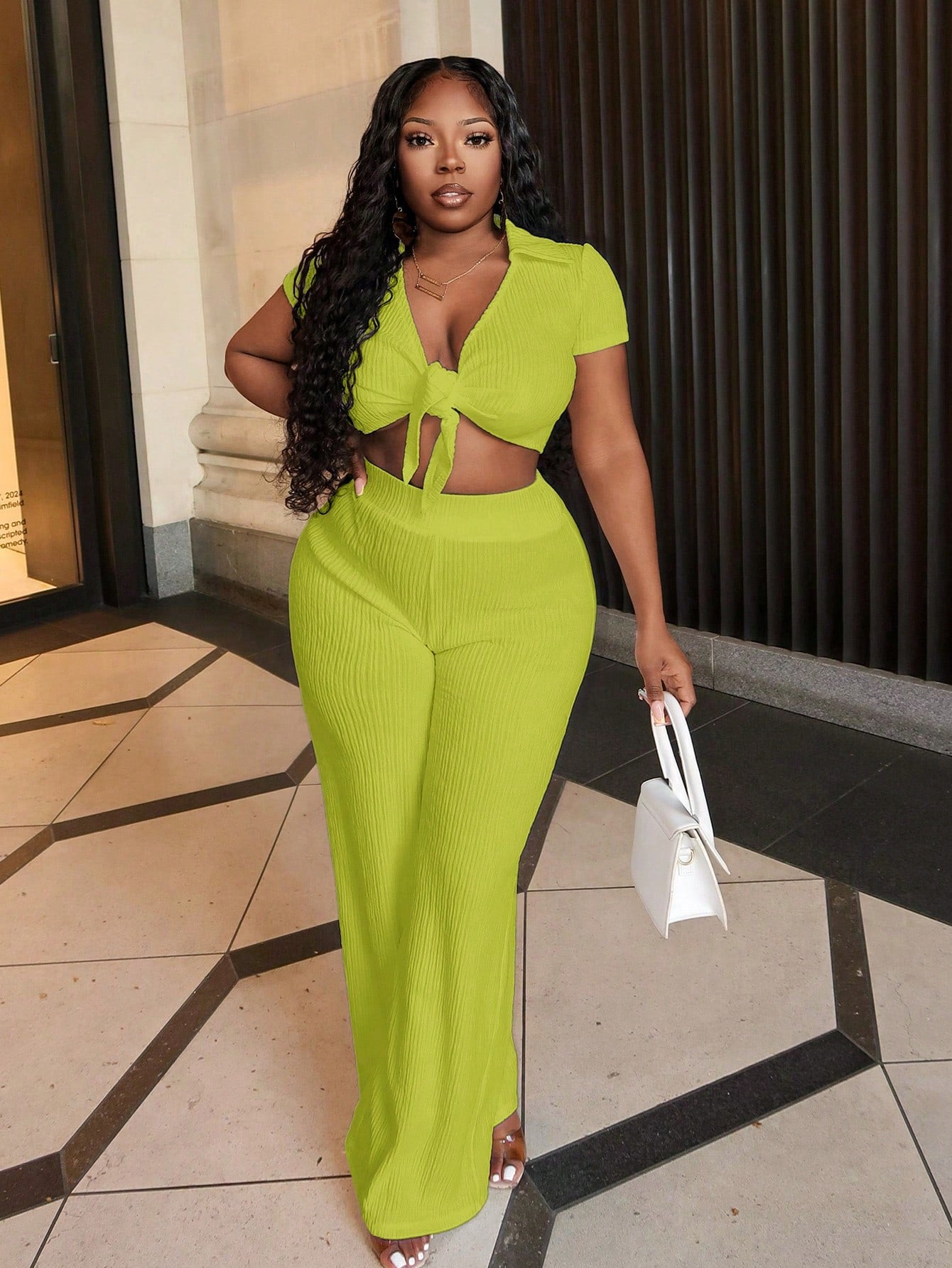 Casual White Short Sleeve Lapel V-Neck Tie Front Crop Top  And Straight-Leg Pants Set