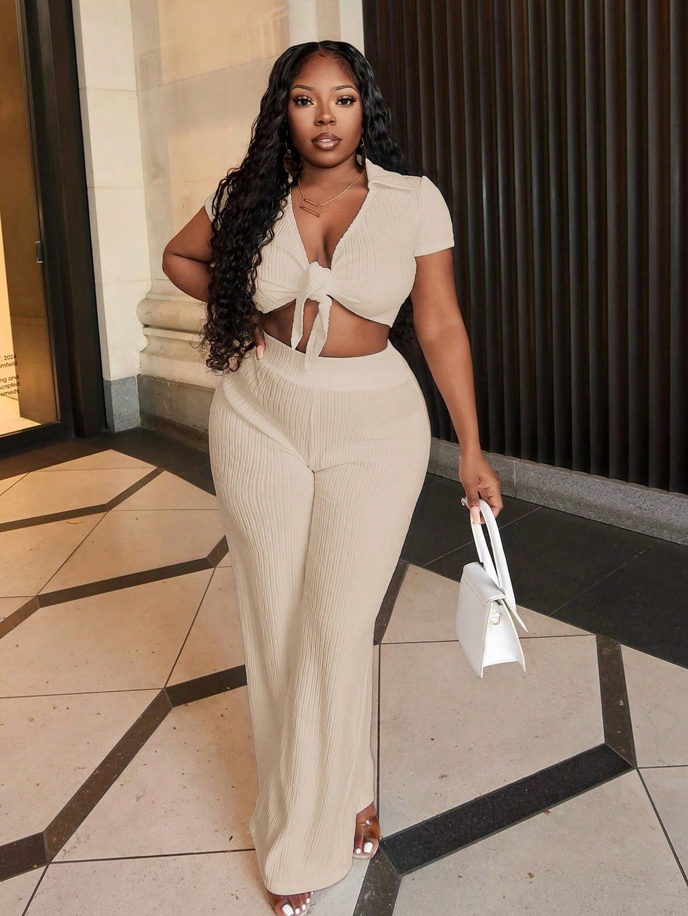 Casual White Short Sleeve Lapel V-Neck Tie Front Crop Top  And Straight-Leg Pants Set