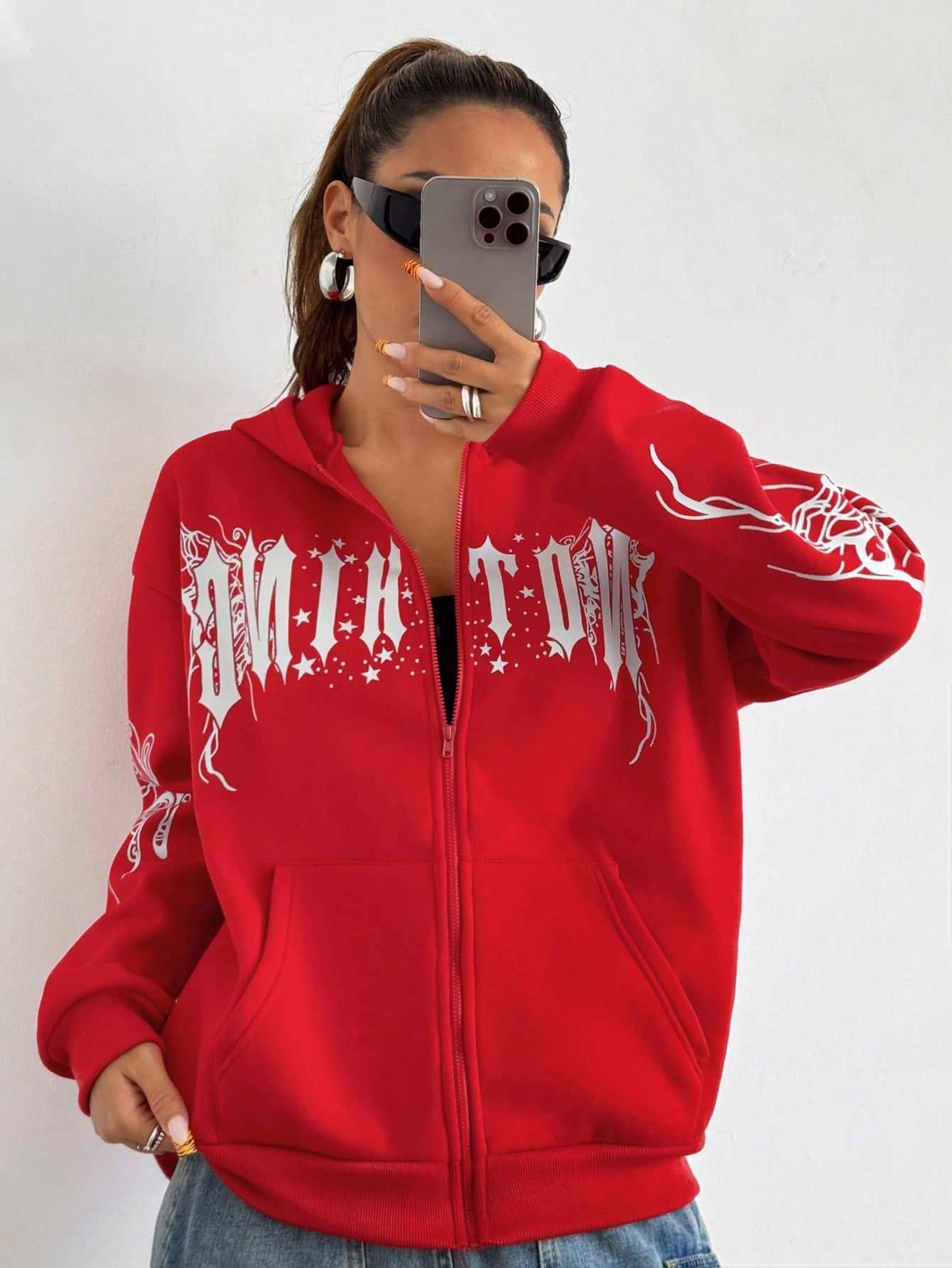 Coolane Letter Graphic Zip Up Drop Shoulder Thermal Lined Hoodie