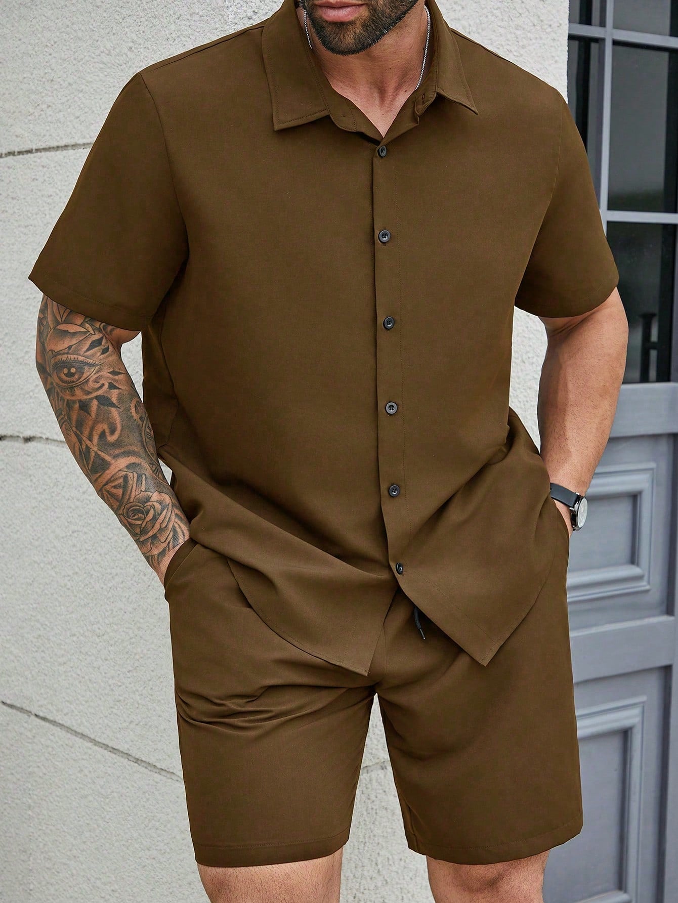 Men's Plus Size Summer Business Casual Solid Color Short Sleeve Shirt And Shorts Set