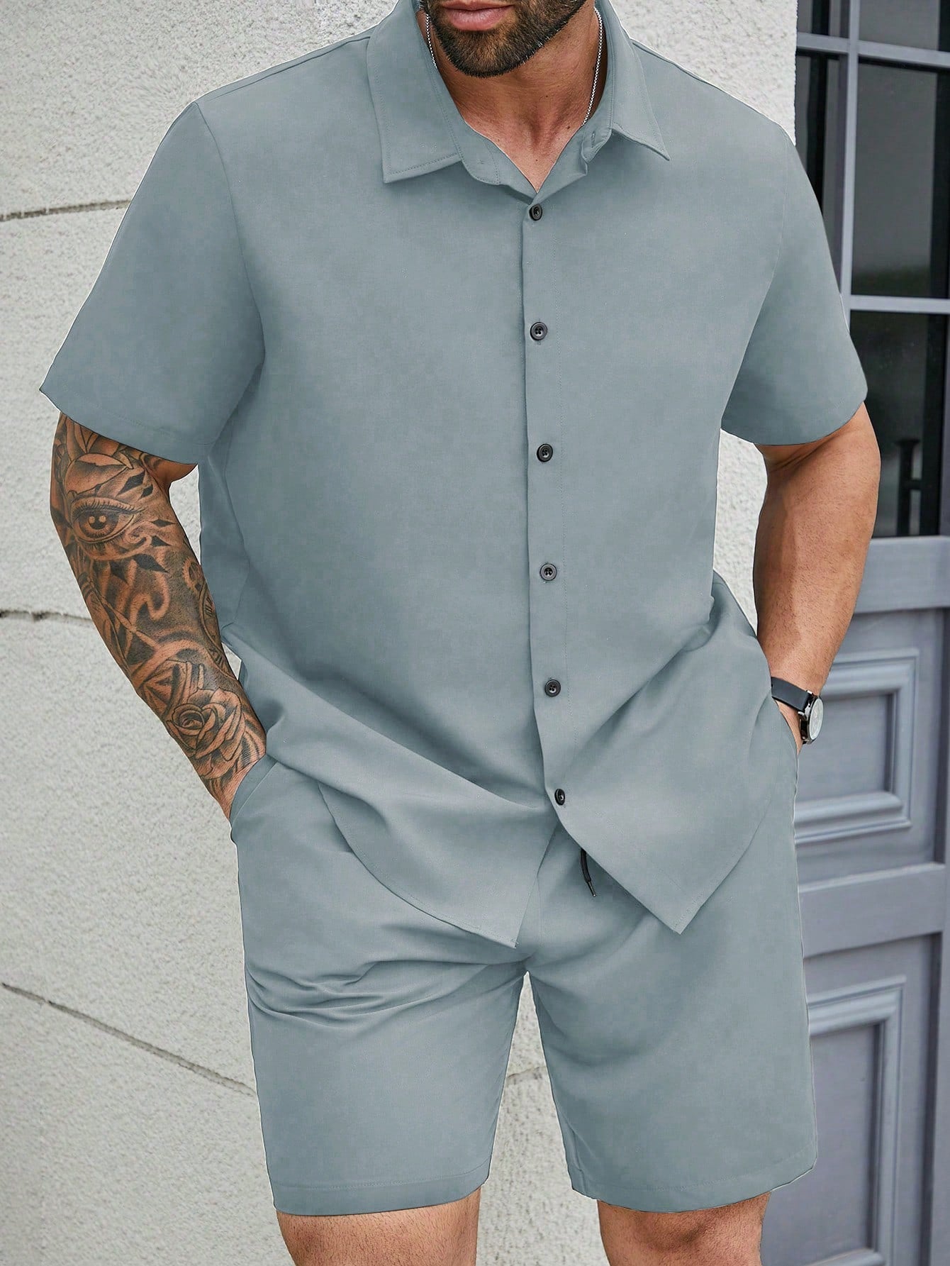 Men's Plus Size Summer Business Casual Solid Color Short Sleeve Shirt And Shorts Set