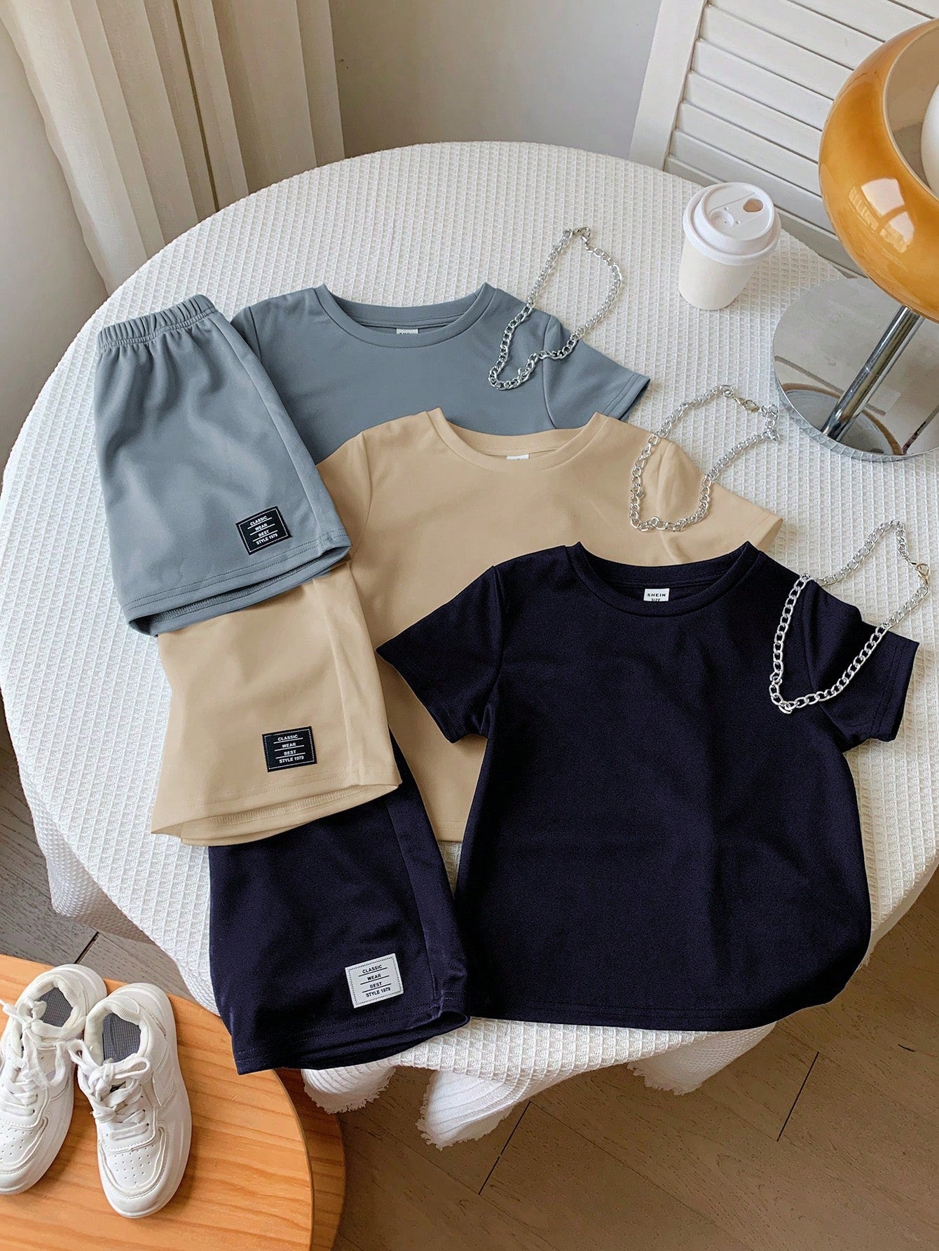 3pcs/Set Kids' Summer Clothes - Young Boy Comfortable Casual Style Metal Necklace Decoration Round Neck Short Sleeve T-Shirt With Woven Label Decoration Shorts, Suitable For Outdoor Play, Street Snap, Party And Home Leisure With High Cost Performance