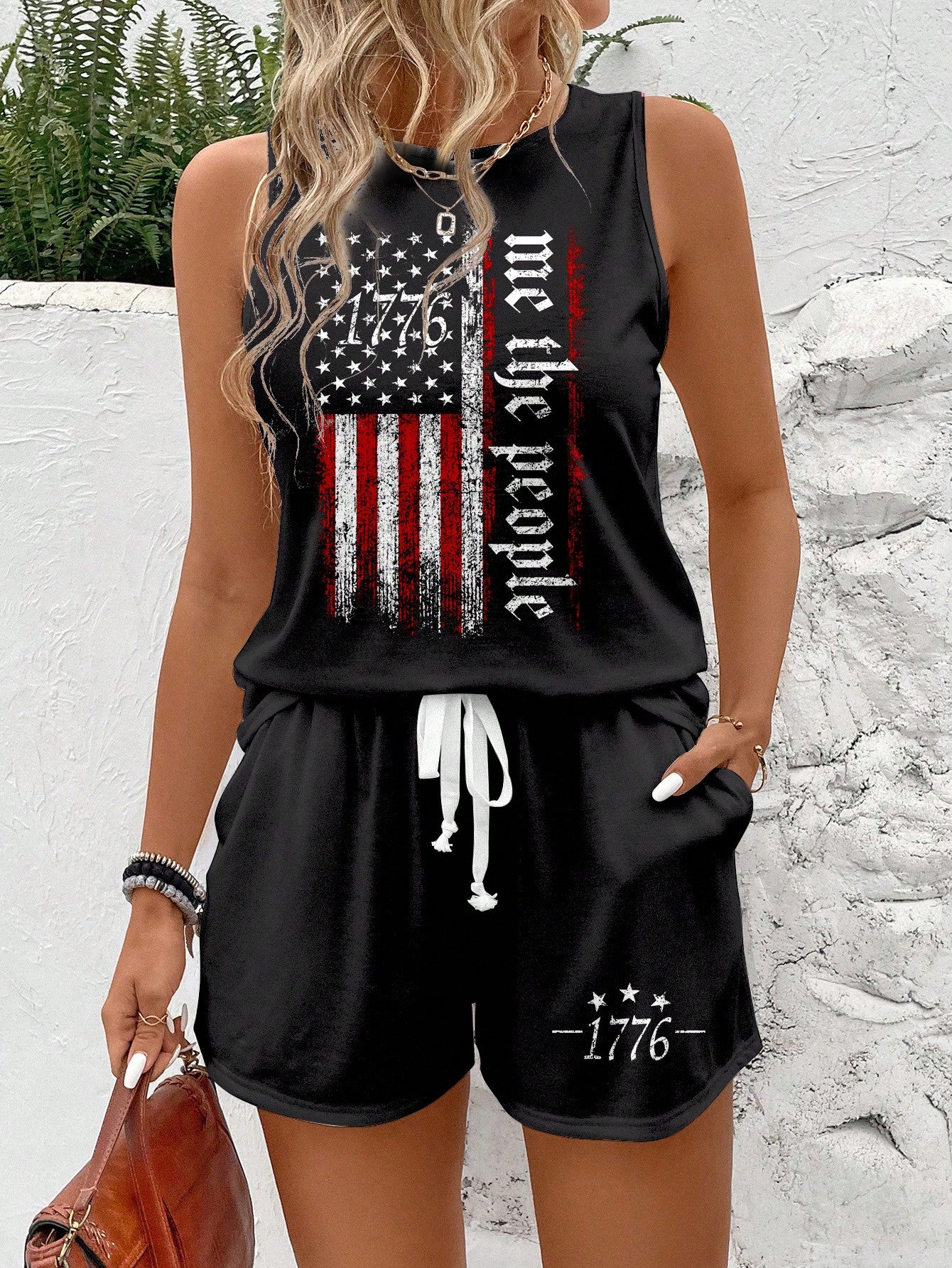 Round Neck Sleeveless Top With All-Over Print, Drawstring Waist And Pocket, Slim Fit Women's 2pcs Set For Summer