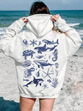 Teen Girls Marine Life Print Kangaroo Pocket Drop Shoulder Hoodie For Summer Vacation
