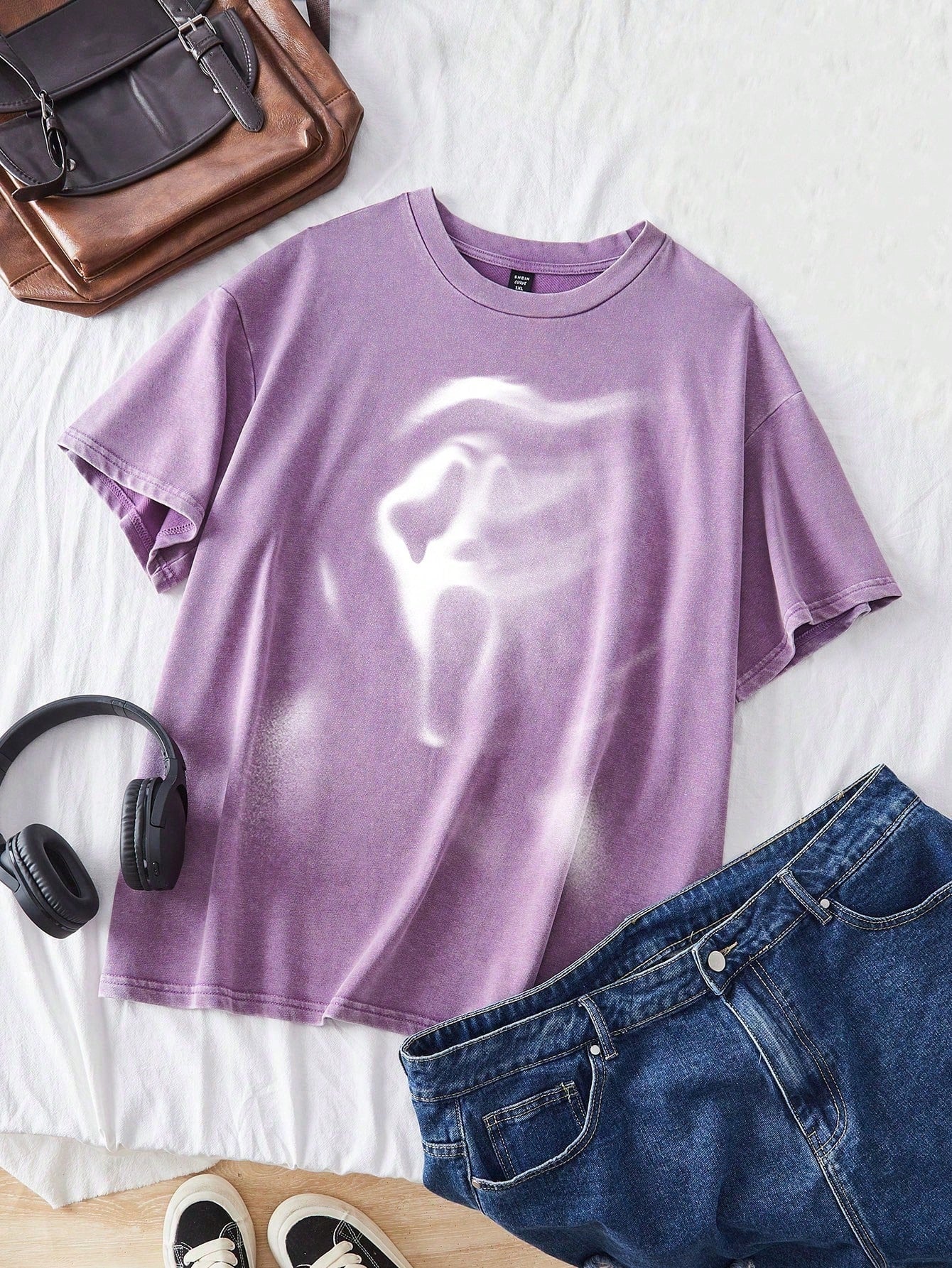 Plus Size Halloween Acid Washed Look Vintage Knitted Distressed Loose Fit Knit Screaming Skull Pattern Cartoon Pattern Short Sleeve T-Shirt