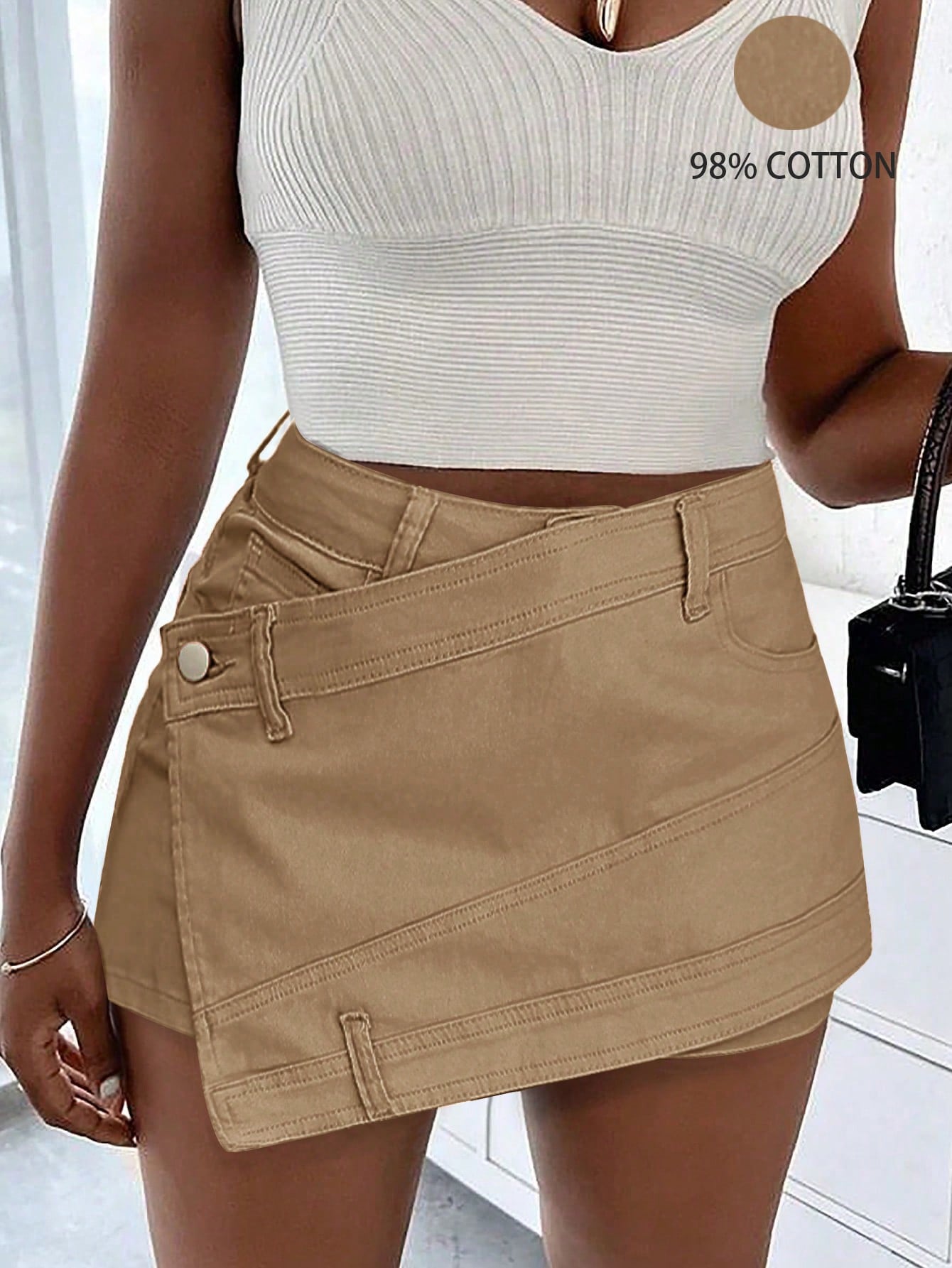 Rave Y2K Street Vintage Washed Overlap Waist Wrap Asymmetrical Hem A-Line Stretchy Skinny Cargo Denim Mini Skorts