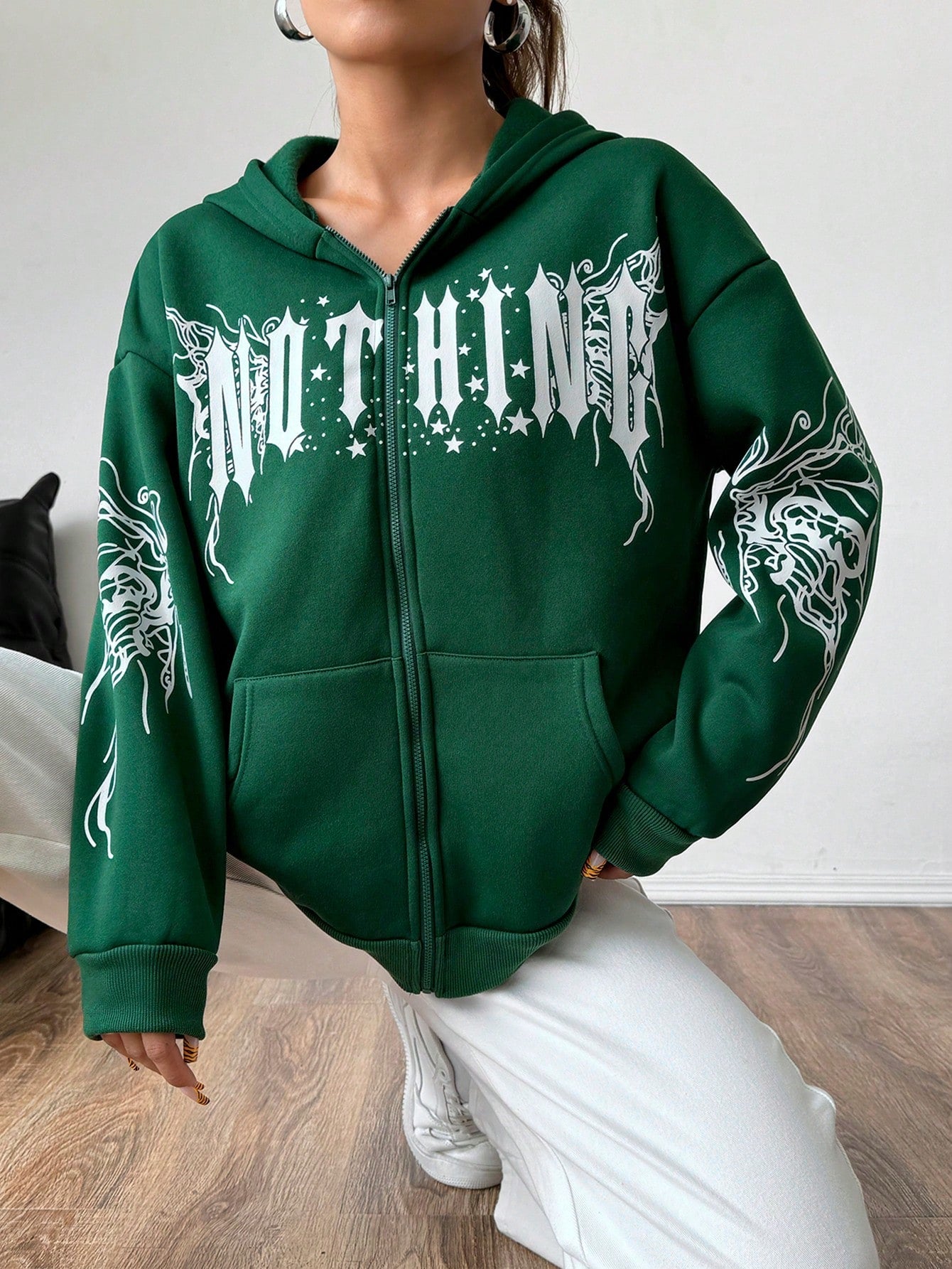 Coolane Letter Graphic Zip Up Drop Shoulder Thermal Lined Hoodie