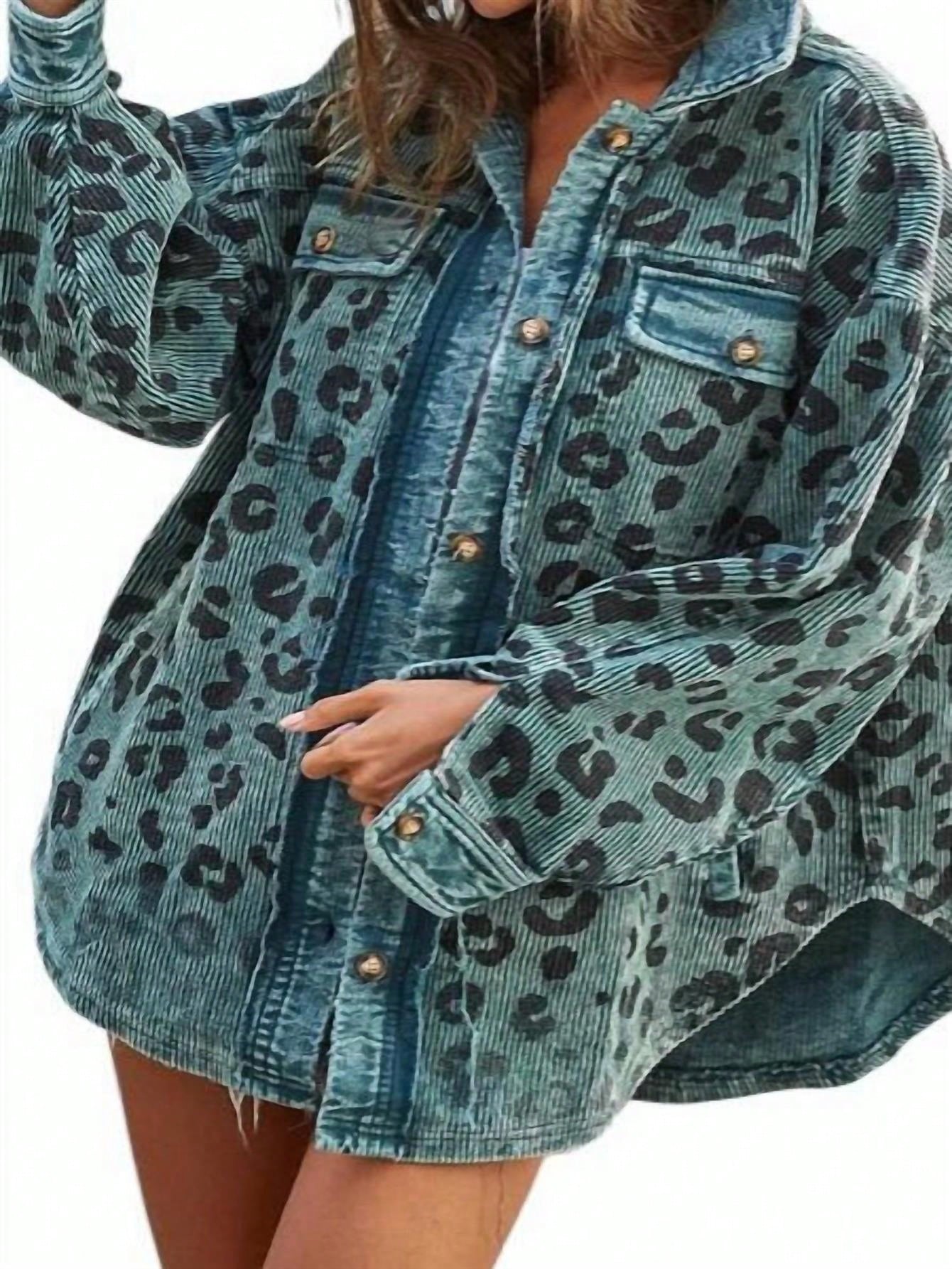 BiBi Vintage Washed Leopard Corduroy Buttoned Shacket