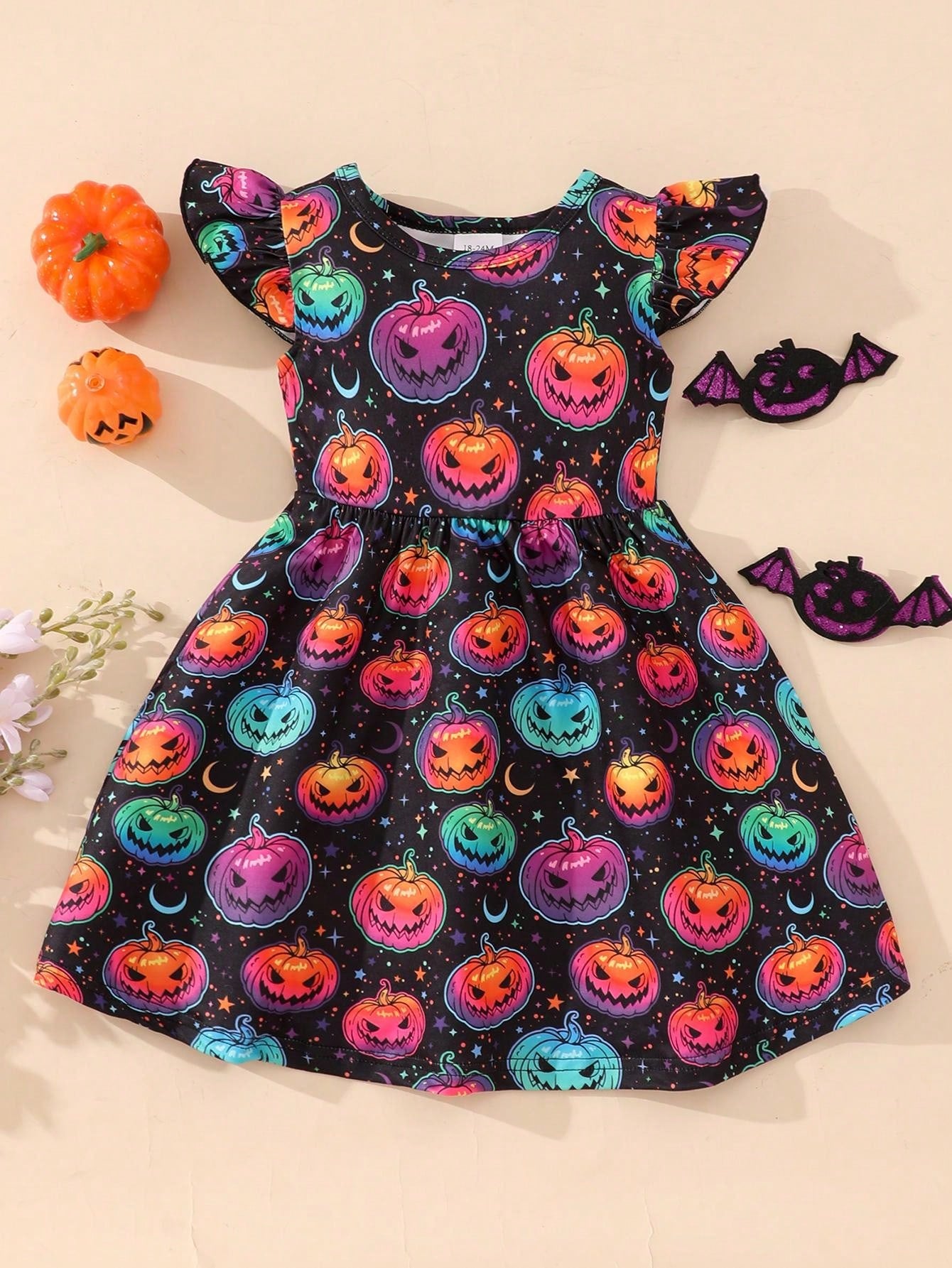 Girls' Pumpkin Bat Halloween Printed Casual Dress With Flutter Sleeves