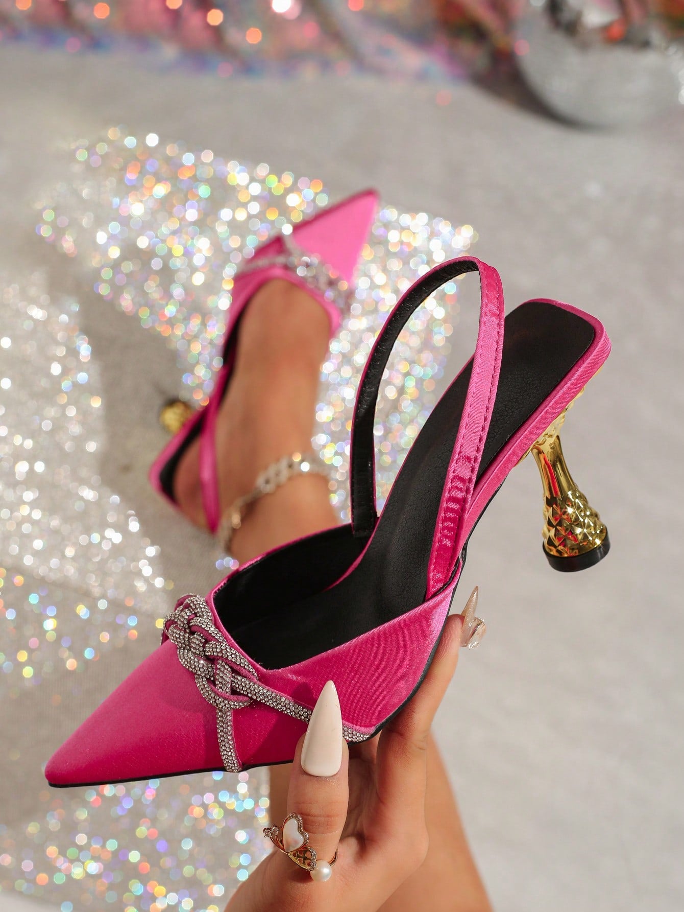 Women's Elegant Spring/Summer Green High Stiletto Pointed Toe Multi-Color PU Embossed Floral Print Shoes, With Lemon Slice Decor, Green & Rose Red Elastic Strap Back