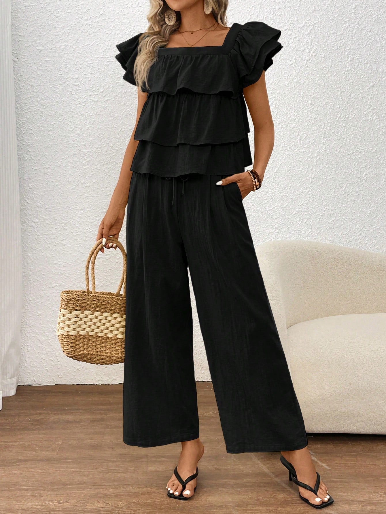 Casual Layered Woven Solid Color Square Neck Suit Set